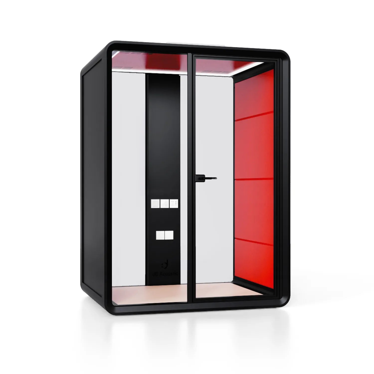 Flujo Sphere Work Pod equipped with an ergonomic chair and a desk, providing a compact and private workspace for individual use.