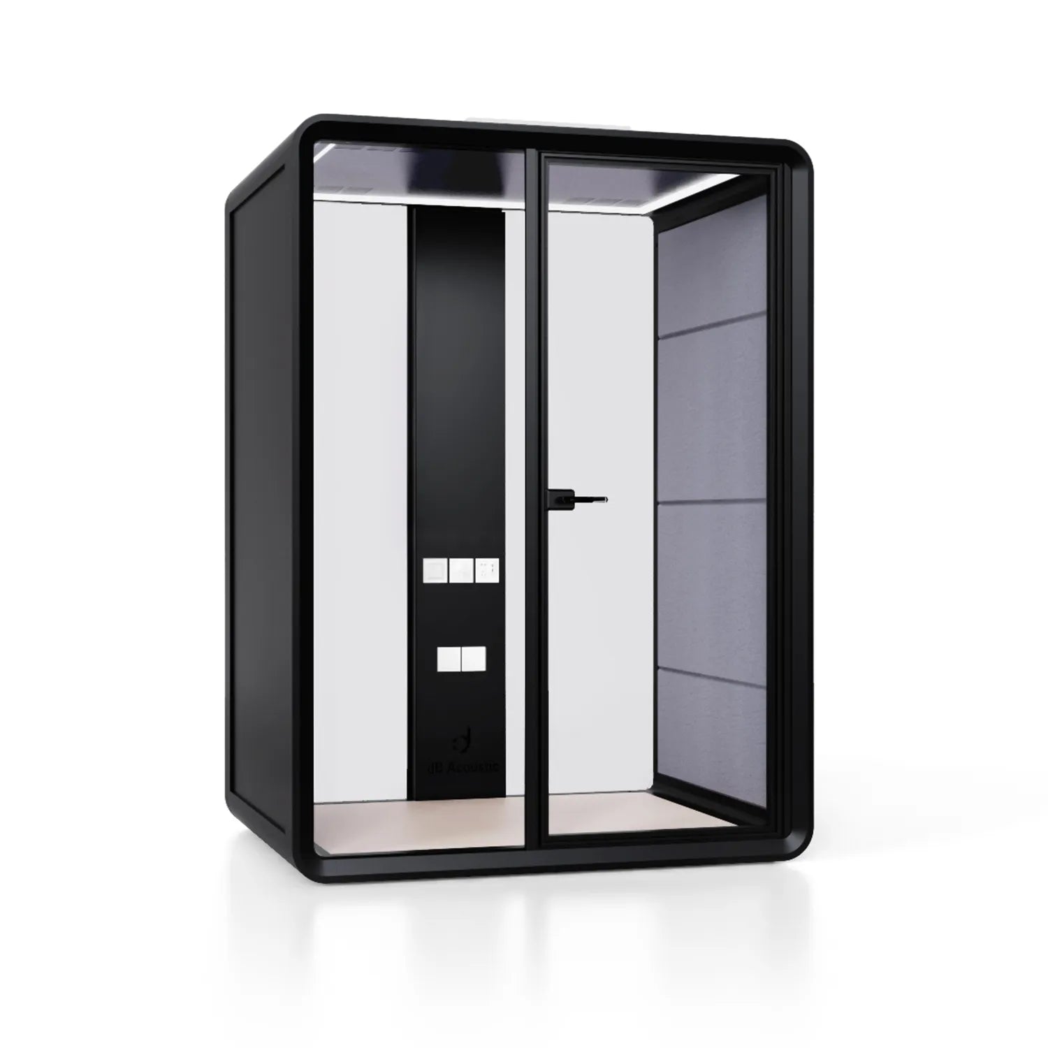 Flujo Sphere Work Pod equipped with an ergonomic chair and a desk, providing a compact and private workspace for individual use.