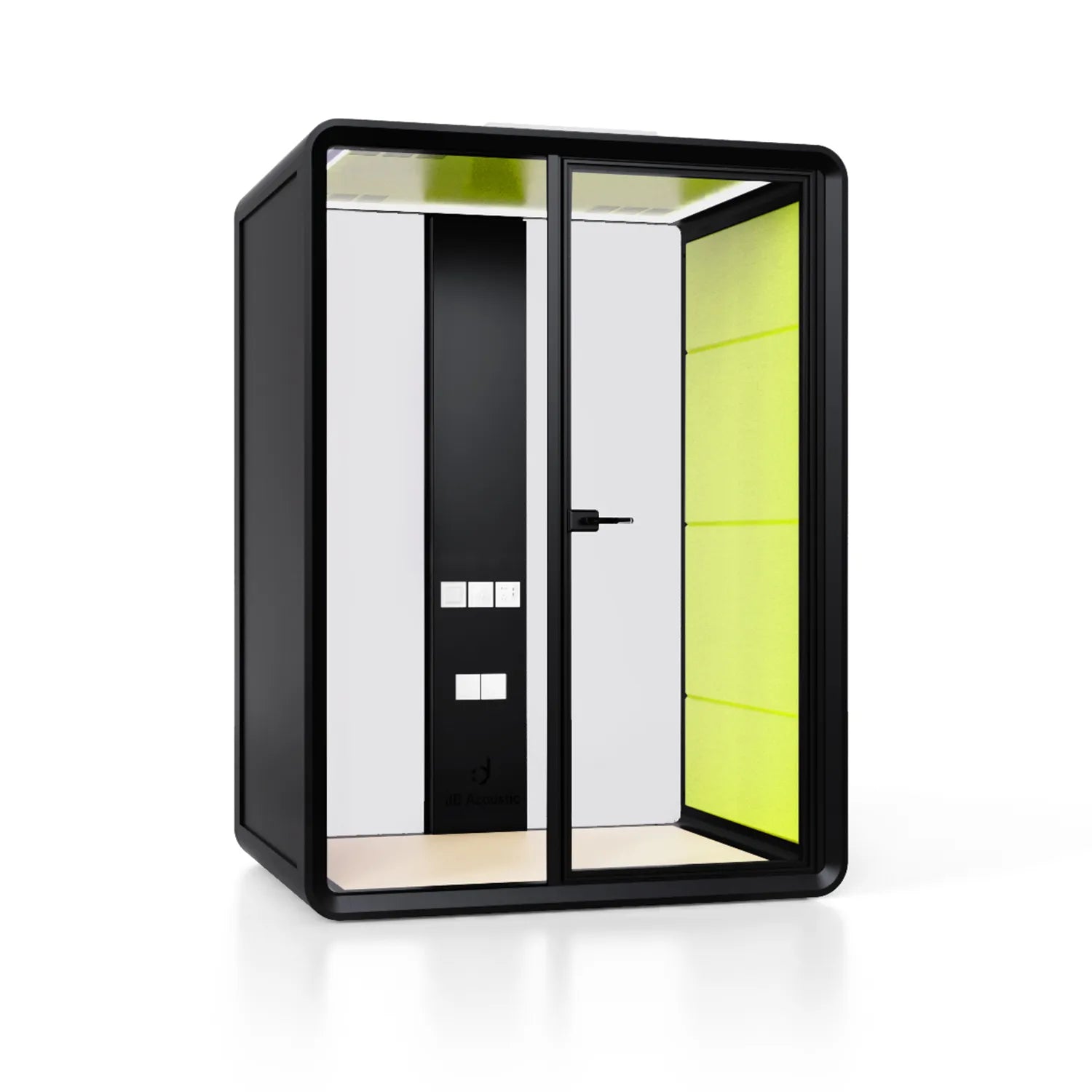 Flujo Sphere Work Pod equipped with an ergonomic chair and a desk, providing a compact and private workspace for individual use.