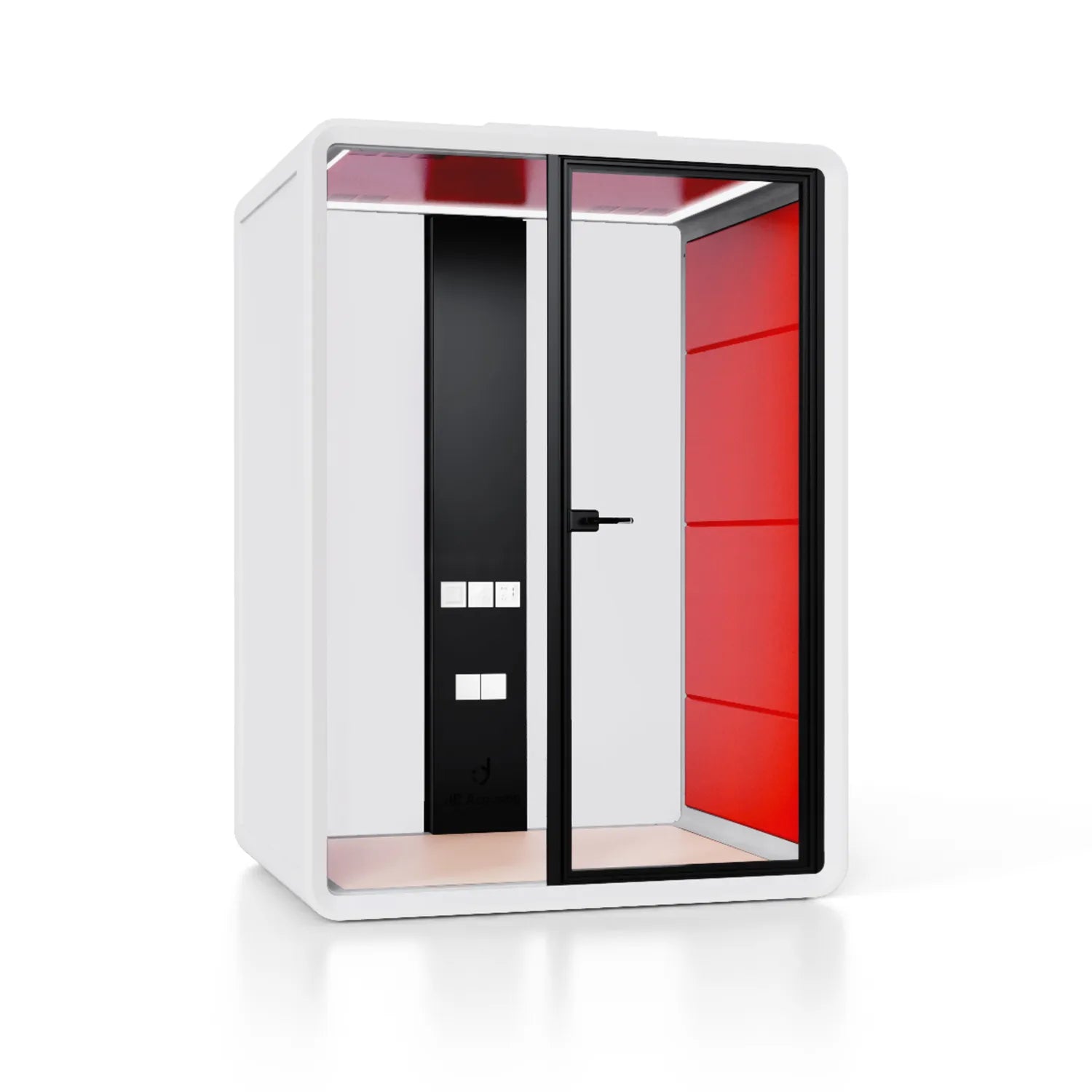 Flujo Sphere Work Pod equipped with an ergonomic chair and a desk, providing a compact and private workspace for individual use.