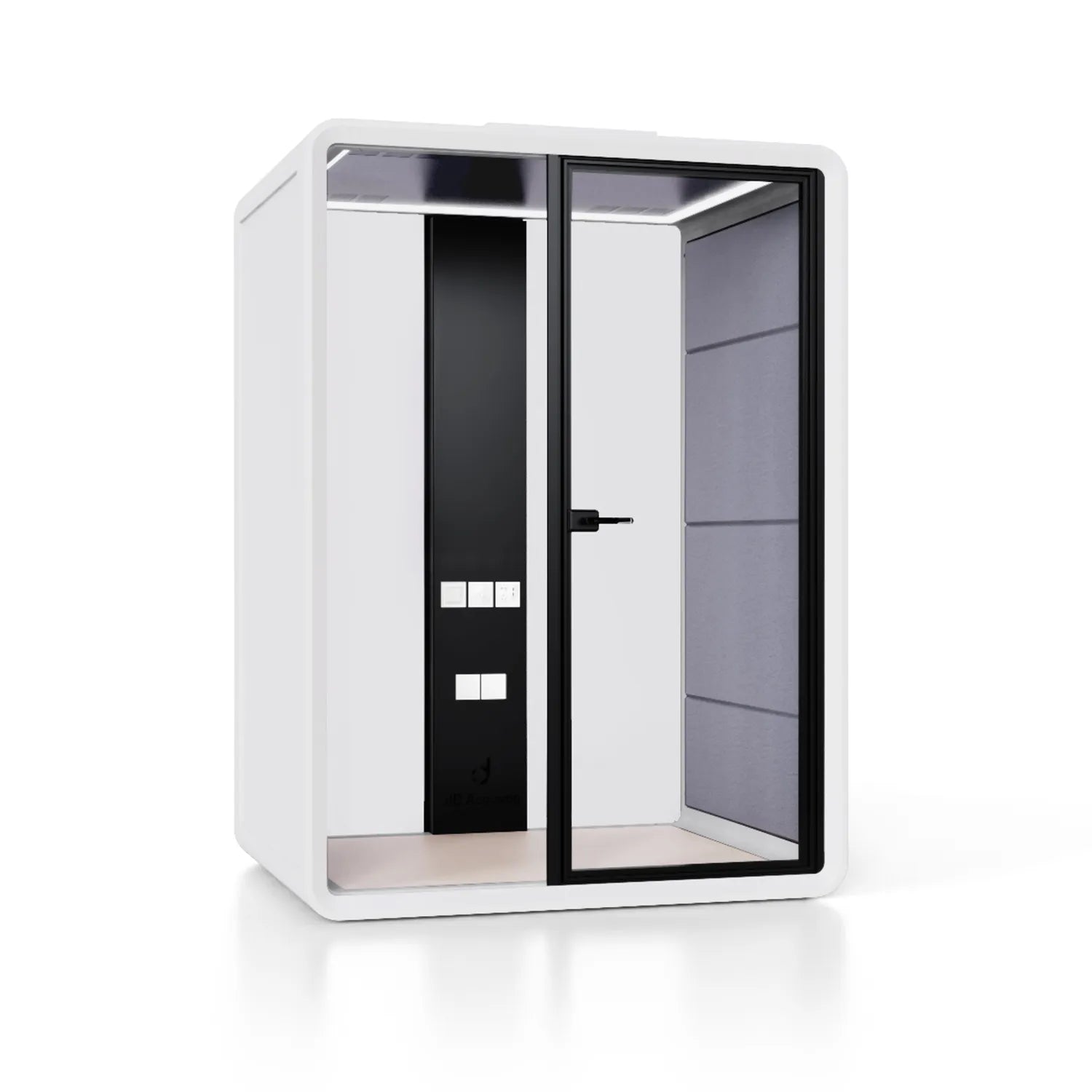 Flujo Sphere Work Pod equipped with an ergonomic chair and a desk, providing a compact and private workspace for individual use.