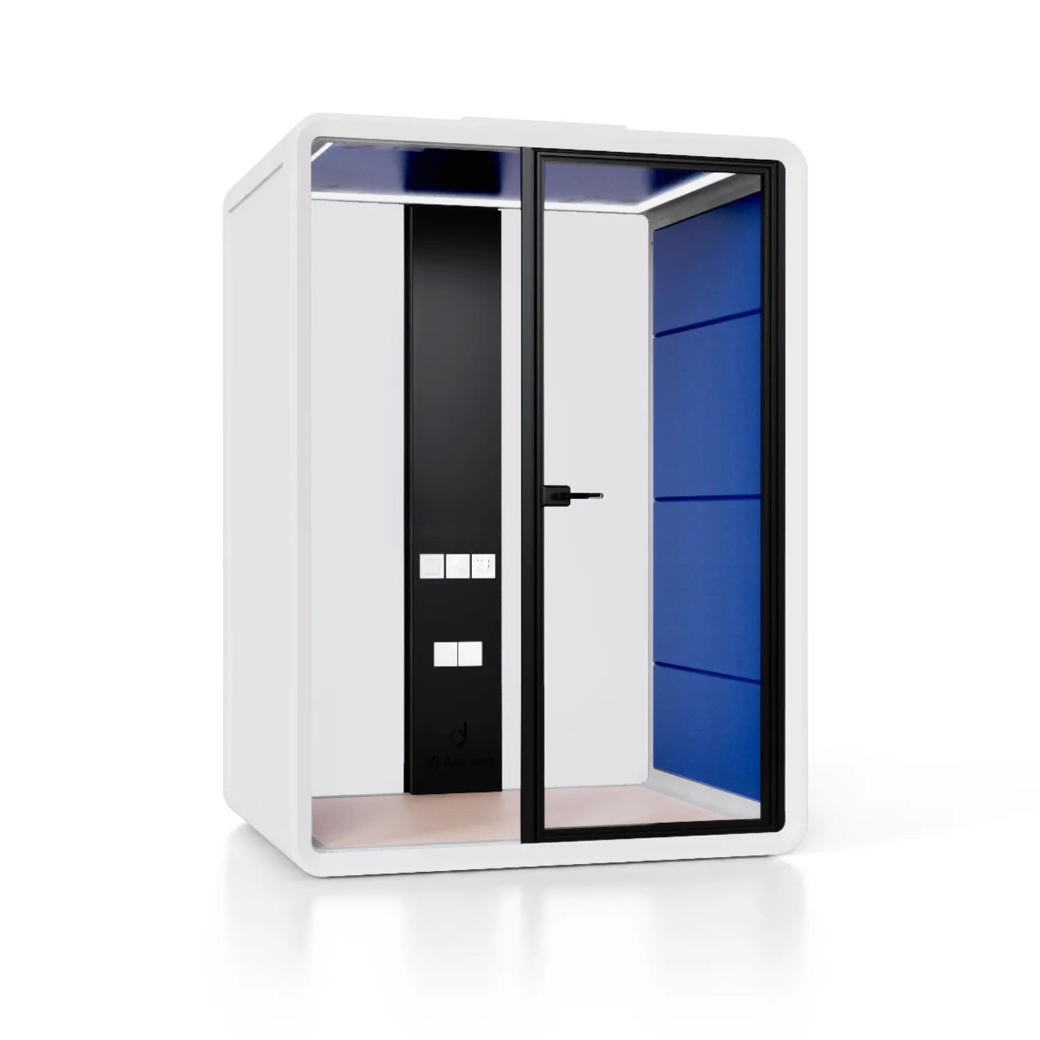 Flujo Sphere Work Pod equipped with an ergonomic chair and a desk, providing a compact and private workspace for individual use.