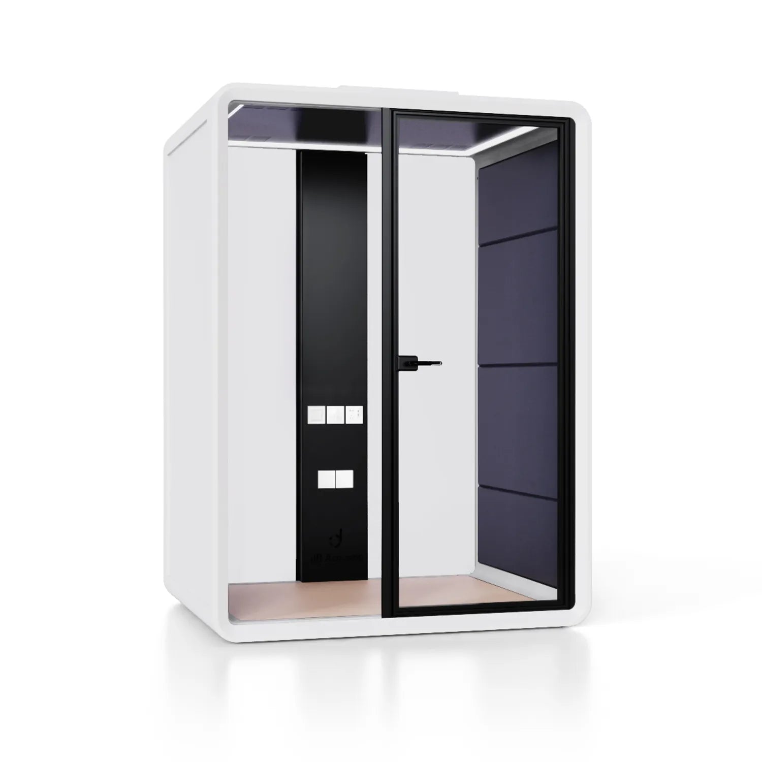 Flujo Sphere Work Pod equipped with an ergonomic chair and a desk, providing a compact and private workspace for individual use.