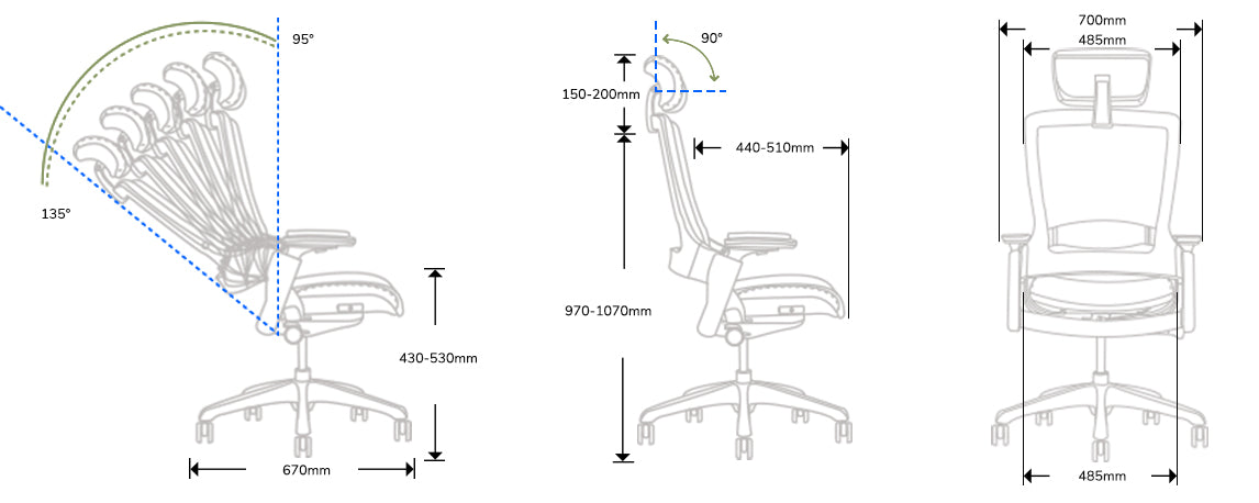 Dimensions and adjustable features of the Flujo Angulo Ergonomic Chair, including seat height, backrest tilt angle, and headrest adjustments.