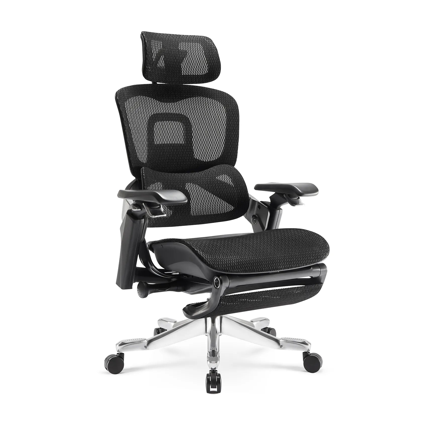 Angled view of the Flujo Elli Ergonomic Chair, displaying its mesh seat and sturdy base.