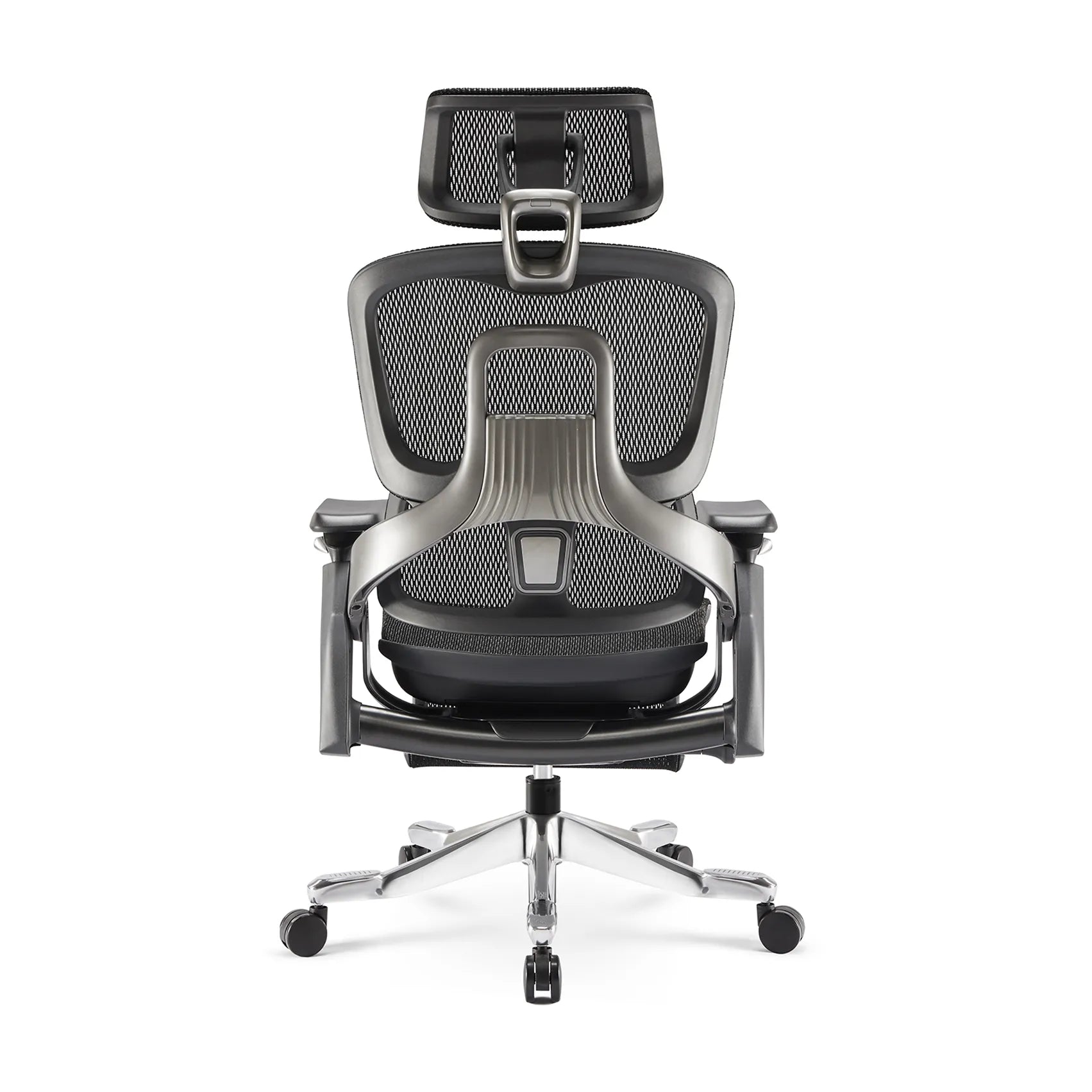 Back angled view of the Flujo Elli Ergonomic Chair, focusing on the lumbar support and frame design.