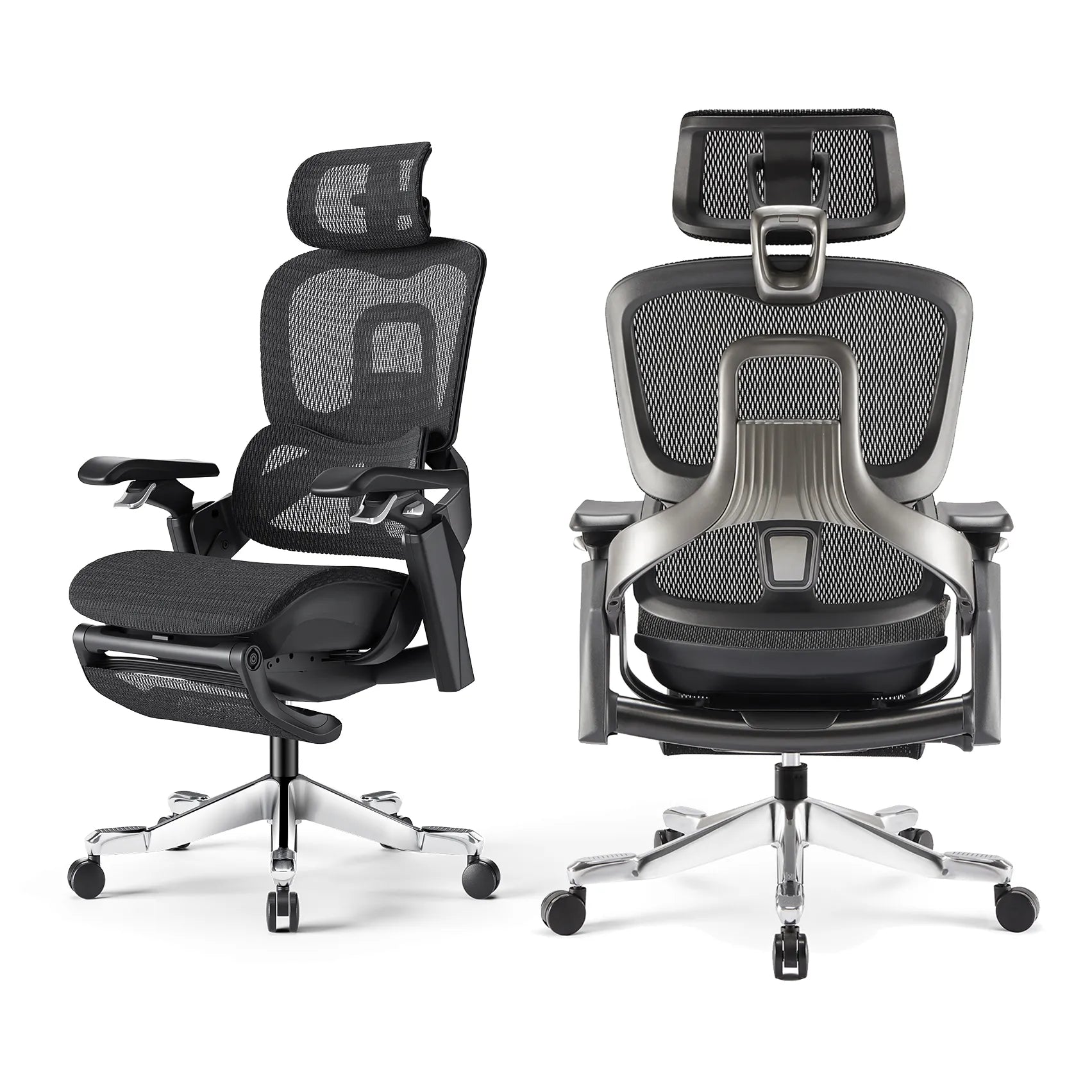 Front and side view of the Flujo Elli Ergonomic Chair, highlighting its mesh back, adjustable headrest, and ergonomic design.