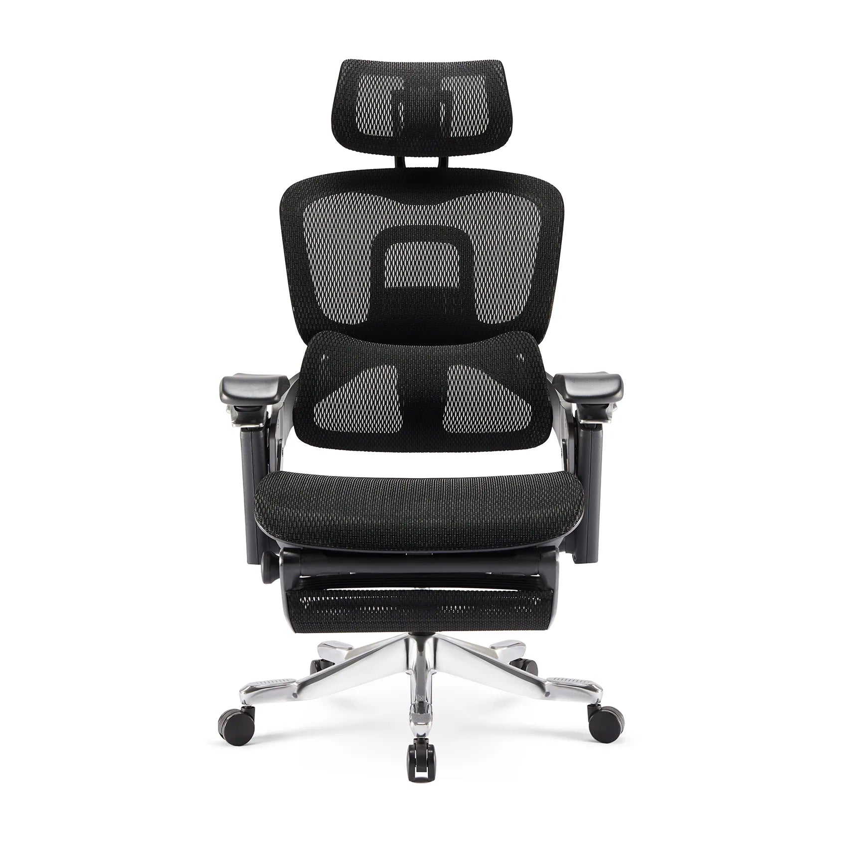 Front view of the Flujo Elli Ergonomic Chair, showcasing its mesh back and adjustable headrest.