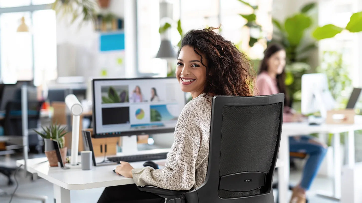 Woman working at an ergonomic office desk in a modern office setup