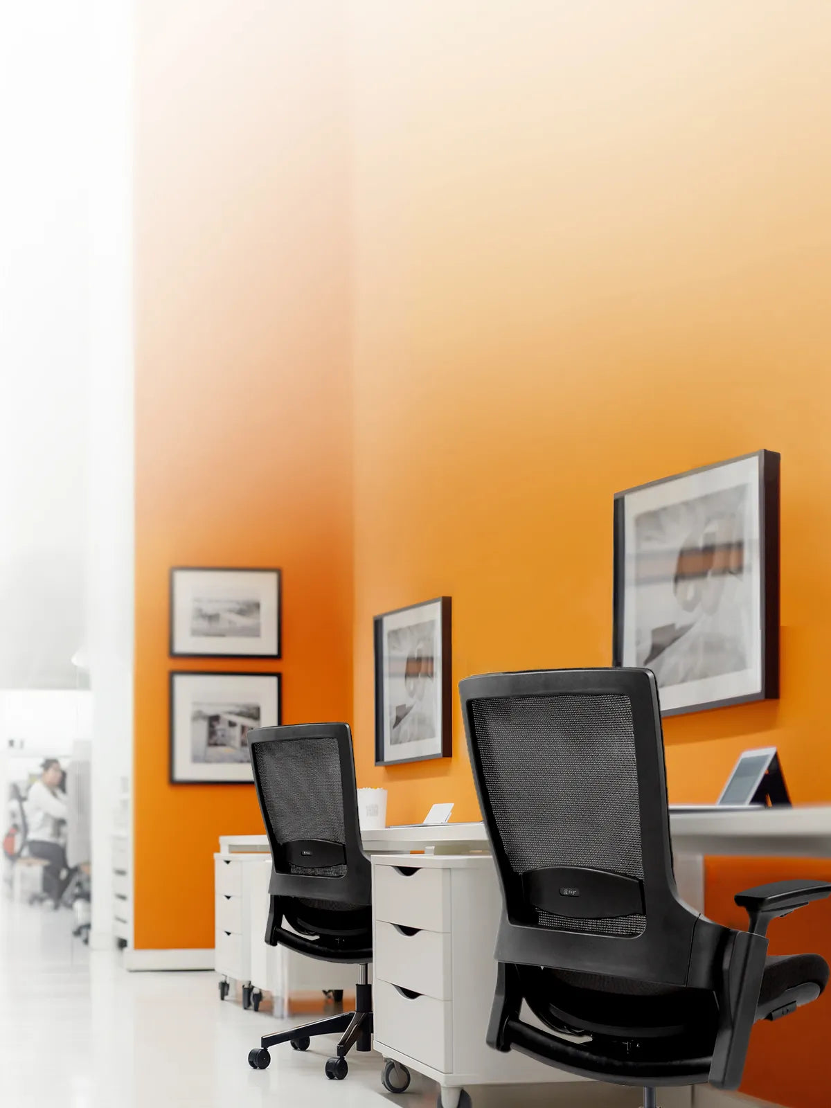 Ergonomic office chairs in a brightly colored office space