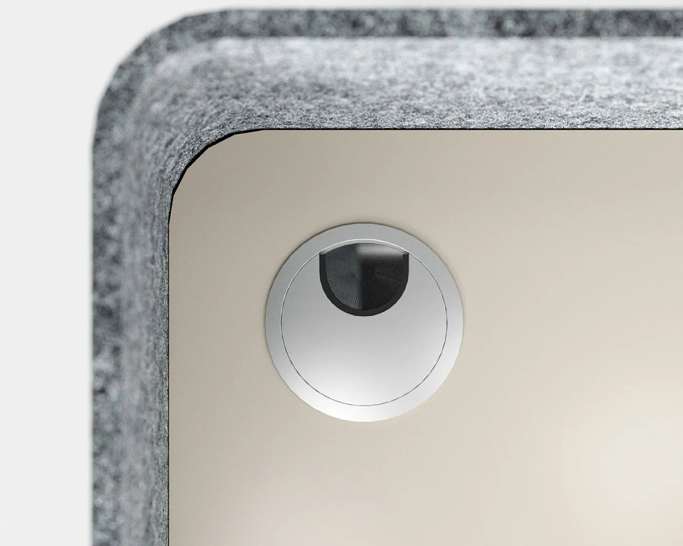 Detail of the tabletop cable port on the Flujo FrejaPod podium in Singapore.