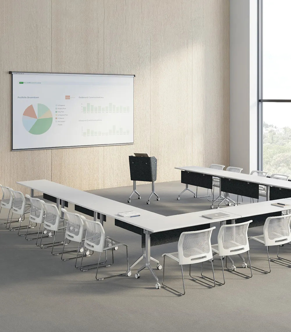 Flujo FrejaPod podium in a conference room setting with a presentation screen in Singapore.