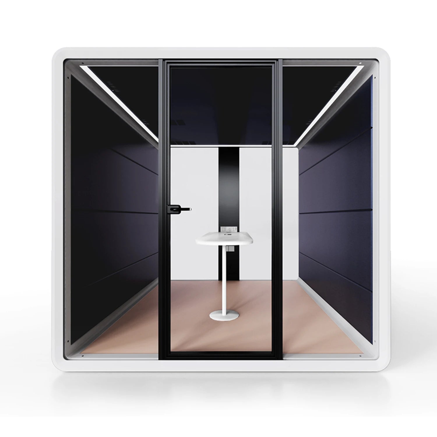 Side angle view of the Flujo Hexa Meeting Pod, showing its spacious interior with ergonomic chairs and a built-in digital screen.