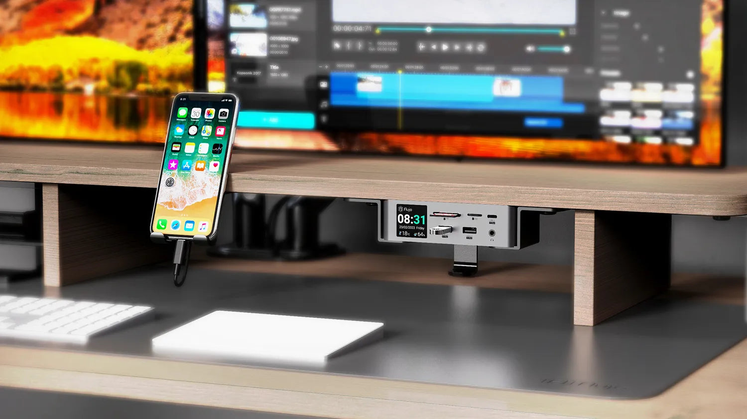 Flujo monitor riser under large screen at desk showing enhanced workspace organization.
