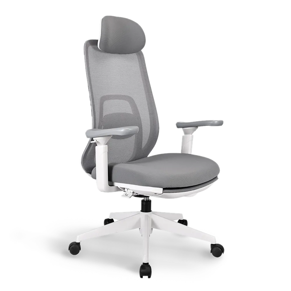 Side view of the Flujo Pluto Ergonomic Chair, showcasing its ergonomic design, adjustable headrest, and armrests, perfect for Singapore offices.
