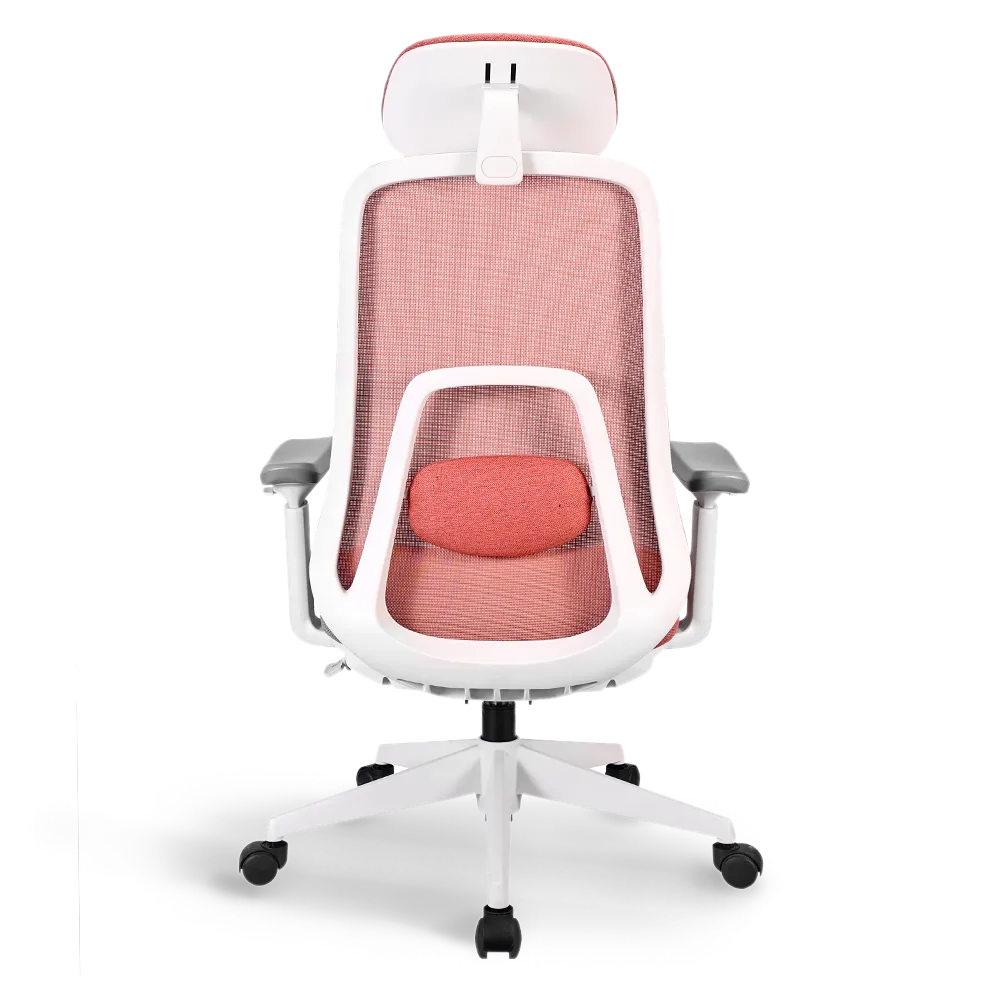 Back view of the Flujo Pluto Ergonomic Chair in red mesh with lumbar support, perfect for improving posture in Singapore offices.