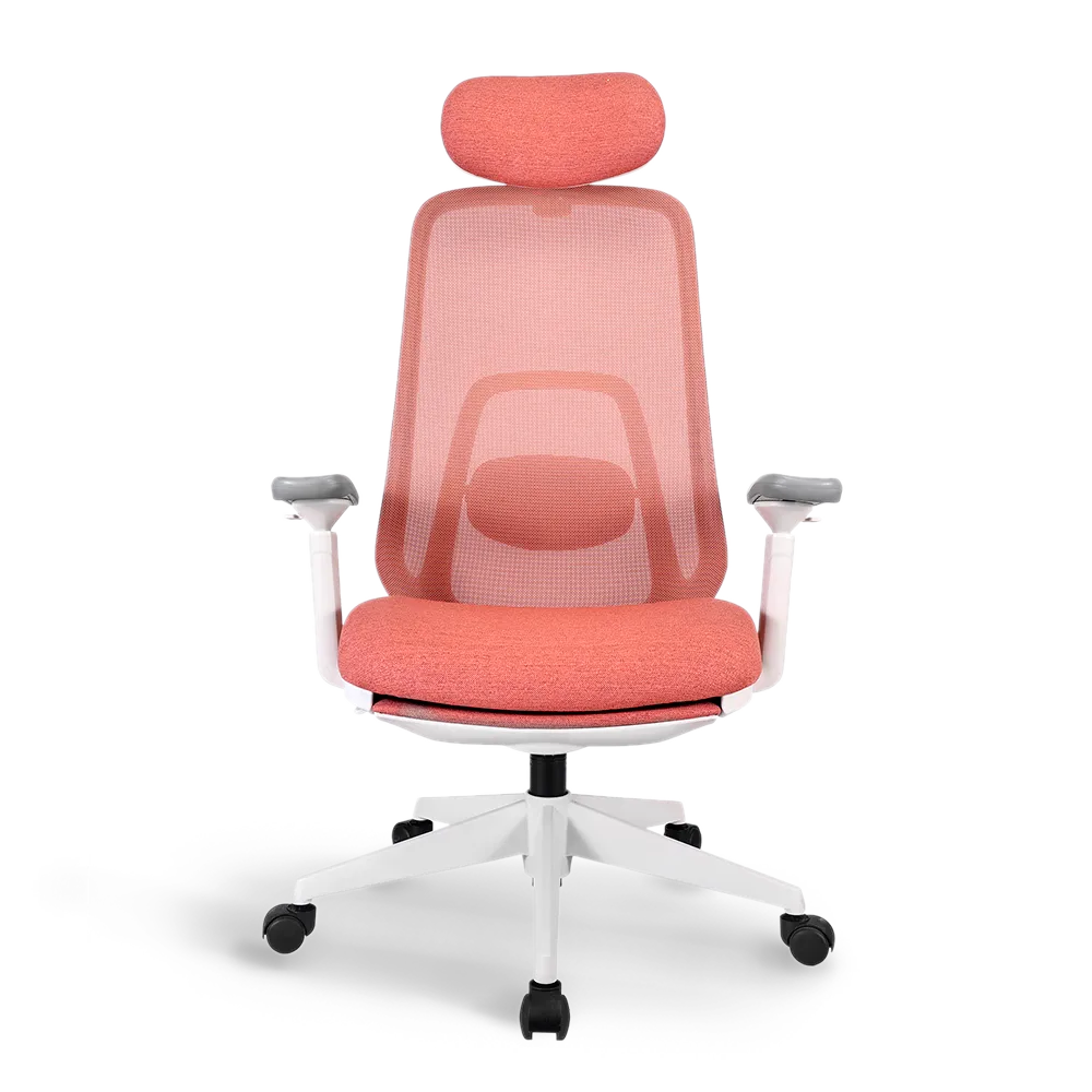 Front view of the Flujo Pluto Ergonomic Chair in red mesh, featuring ergonomic lumbar support and a plush seat for Singapore workspaces.
