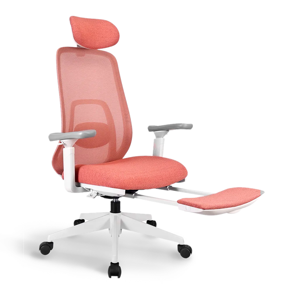 Flujo Pluto Ergonomic Chair in red with extended leg rest, combining ergonomic support and comfort for long hours in Singapore offices.