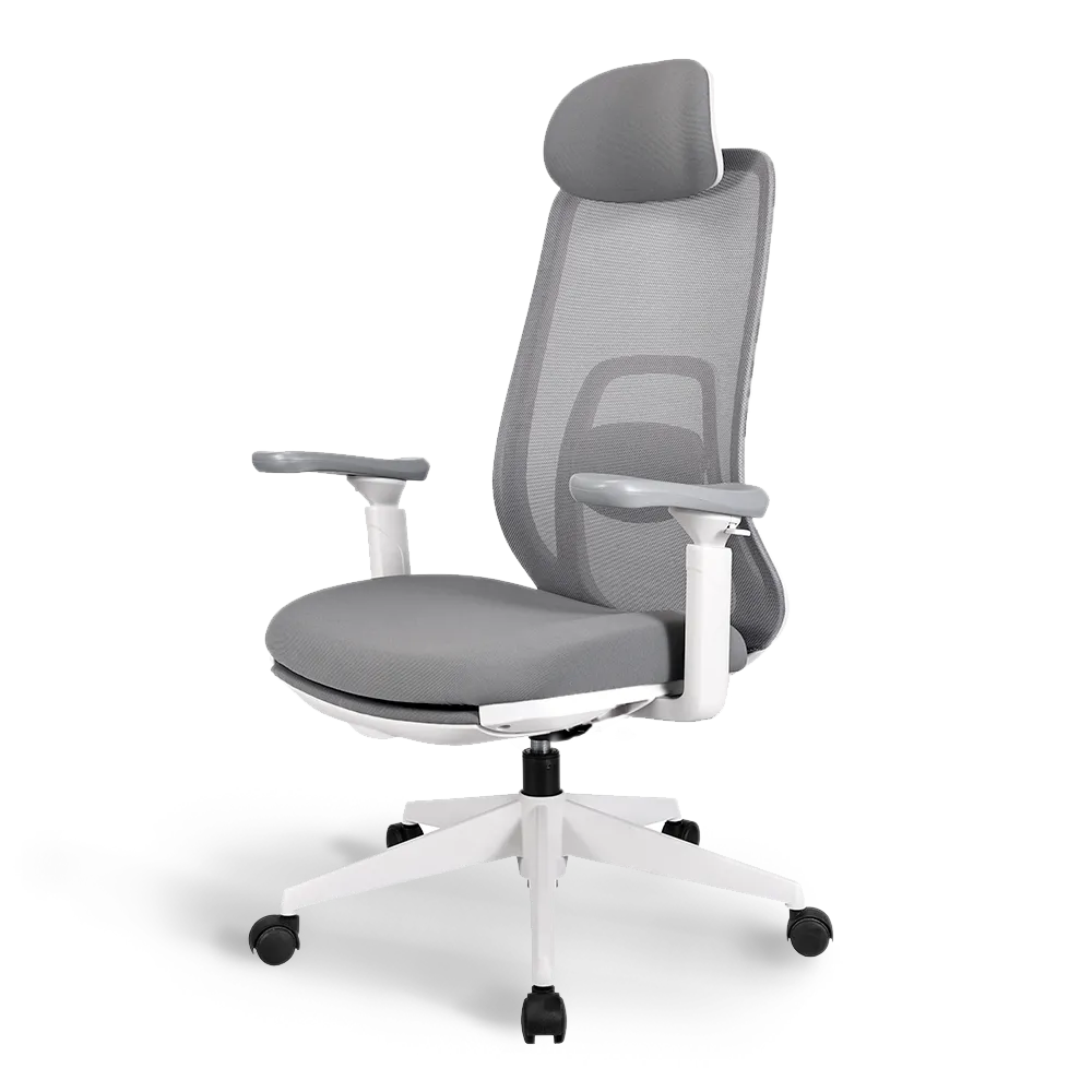 Full view of the Flujo Pluto Ergonomic Chair in grey, highlighting its plush cushion seat, adjustable armrests, and headrest for office comfort in Singapore.