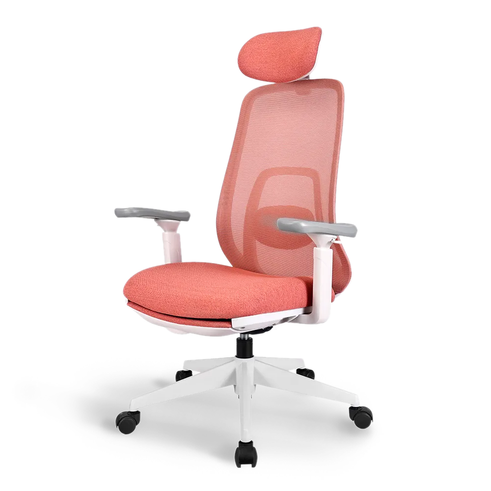 Flujo Pluto Ergonomic Chair with vibrant red mesh and adjustable headrest, bringing style and comfort to Singapore workplaces.