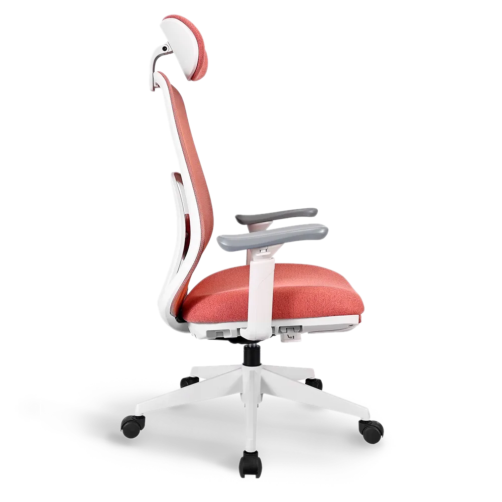 Side view of the Flujo Pluto Ergonomic Chair in vibrant red with adjustable headrest and armrests, ideal for ergonomic support in Singapore offices.