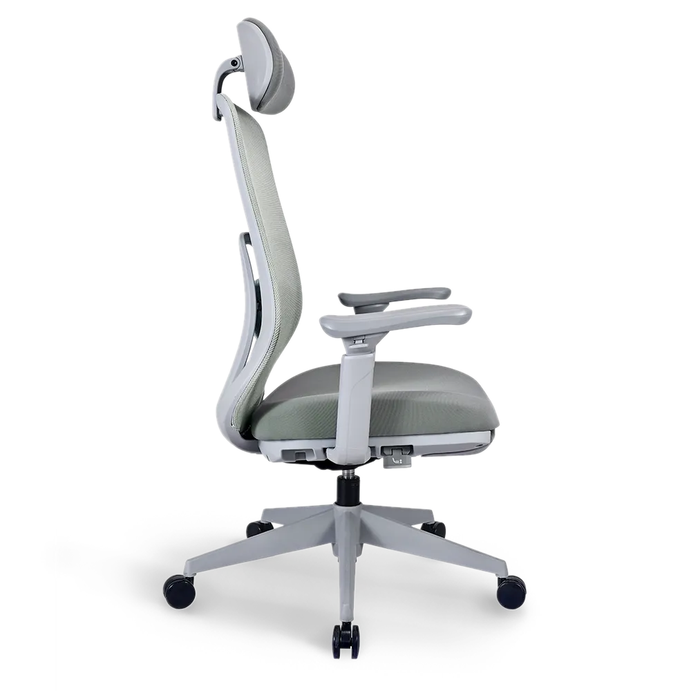 Side profile of the Flujo Pluto Ergonomic Chair highlighting its adjustable features and breathable mesh design for enhanced office comfort in Singapore.