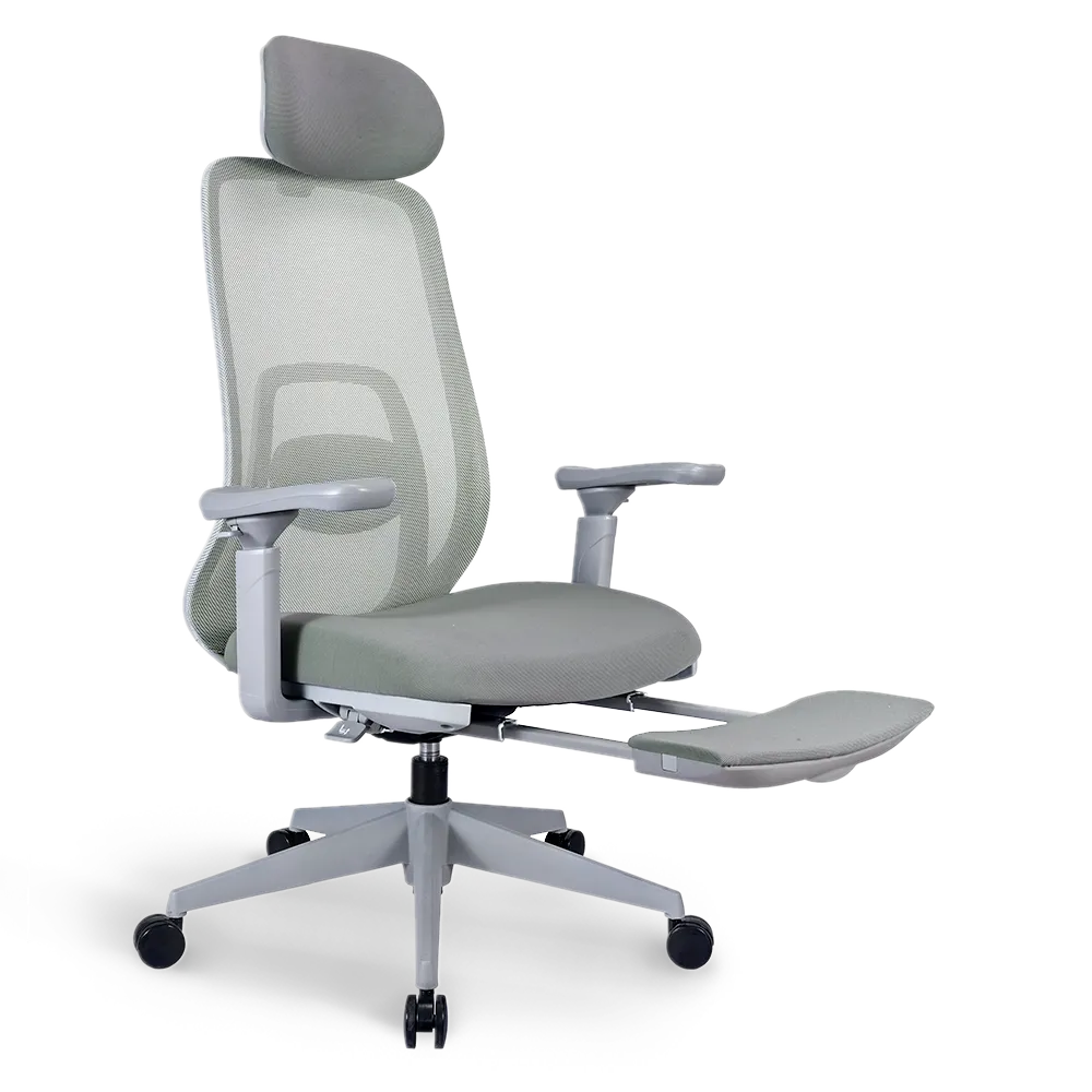 Side view of the Flujo Pluto Ergonomic Chair with extended leg rest, offering relaxation and ergonomic support for Singapore office users.