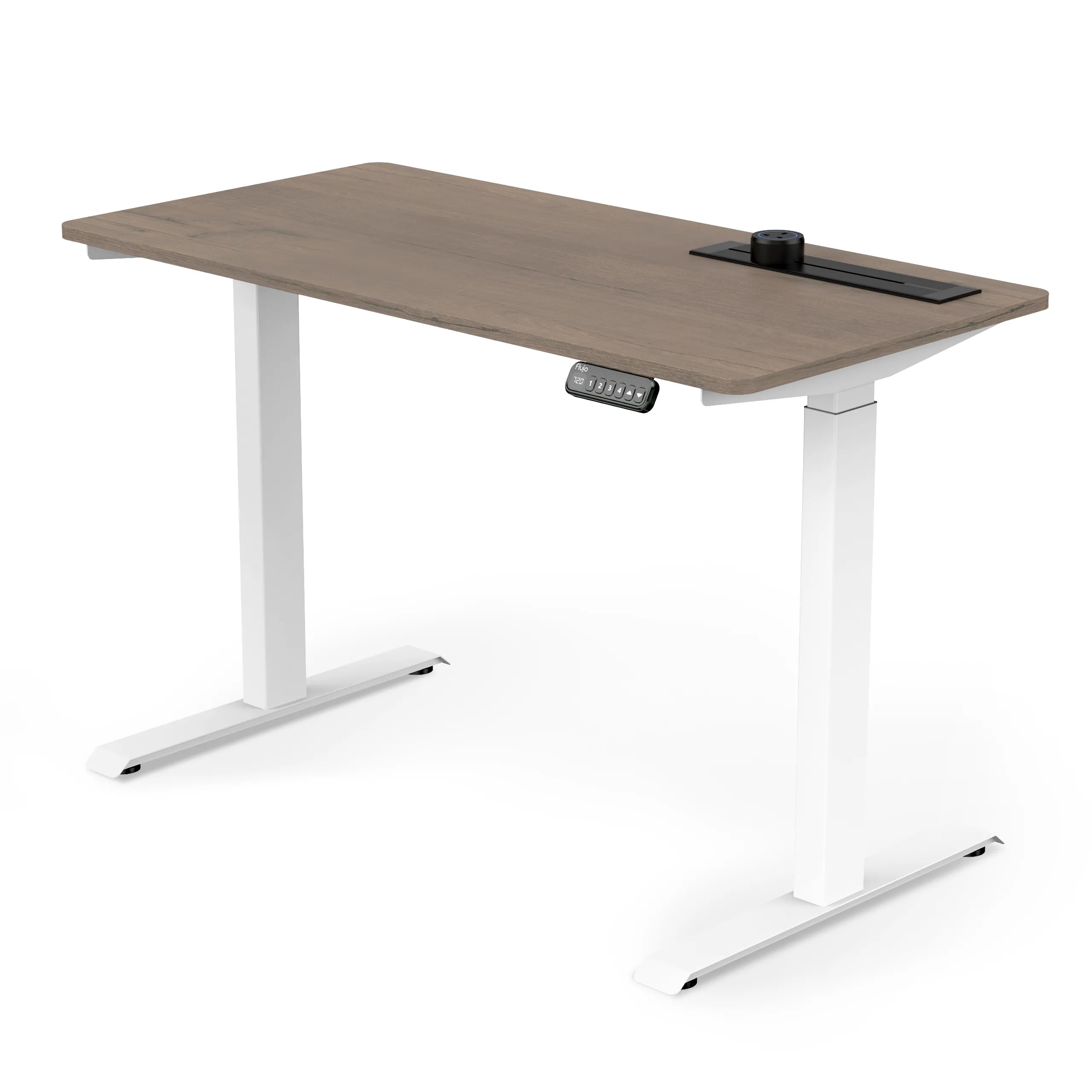 Adjustable height standing desk with a arizona colour table top and white legs frame, featuring a digital keypad control panel