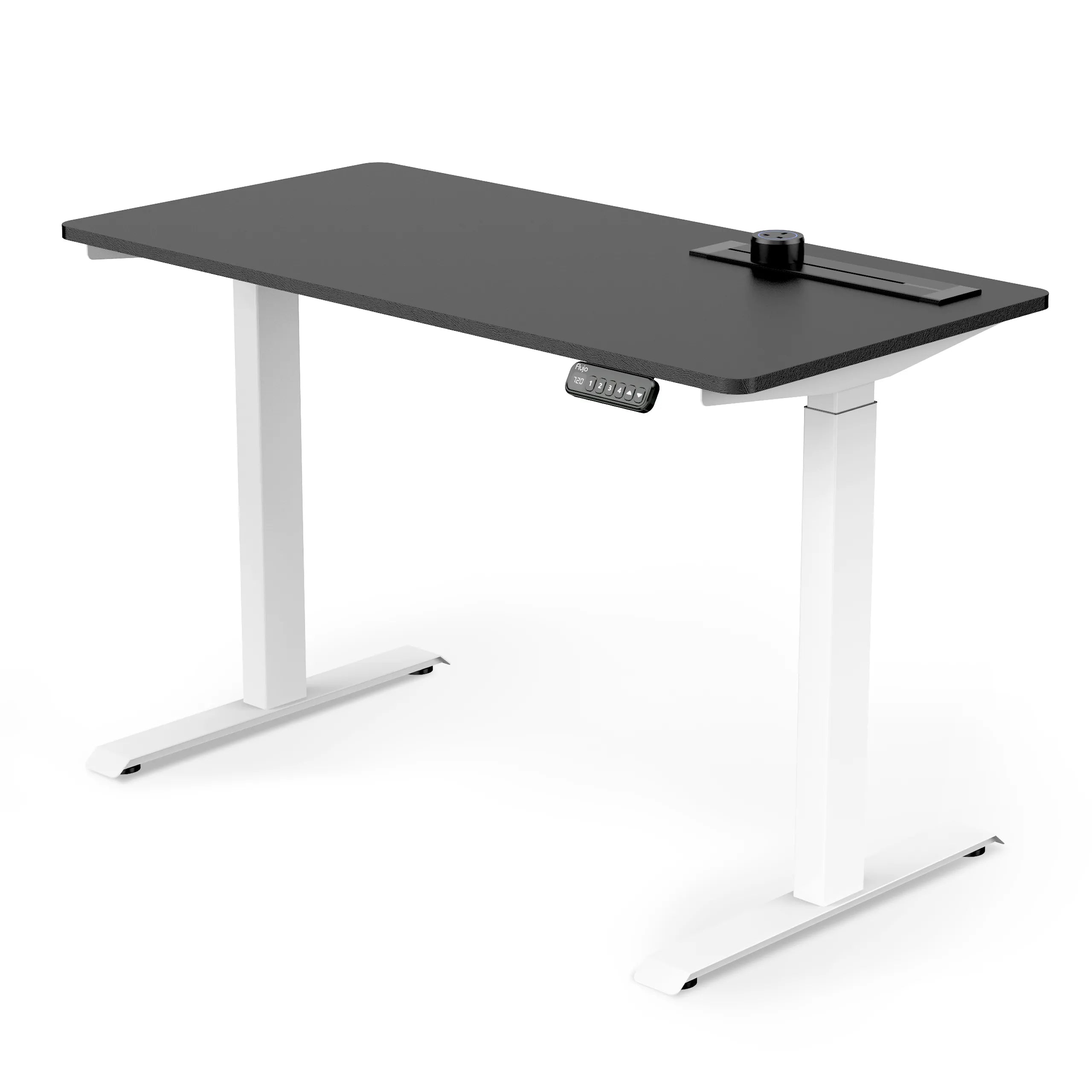 Adjustable height standing desk with a Black colour table top and white legs frame, featuring a digital keypad control panel