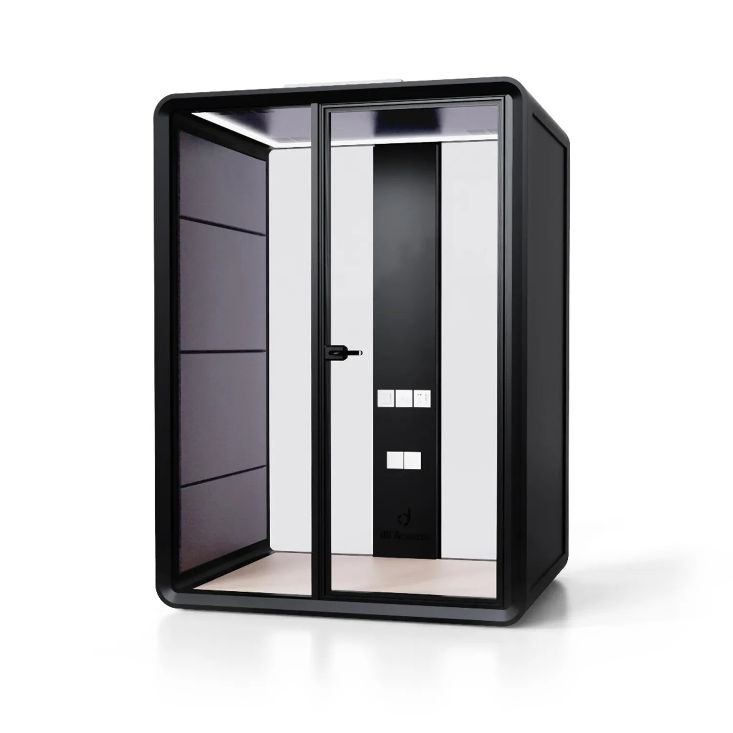 Angled view of the Flujo Sphere Work Pod showcasing seating arrangements for two, ideal for small meetings or focused work sessions.