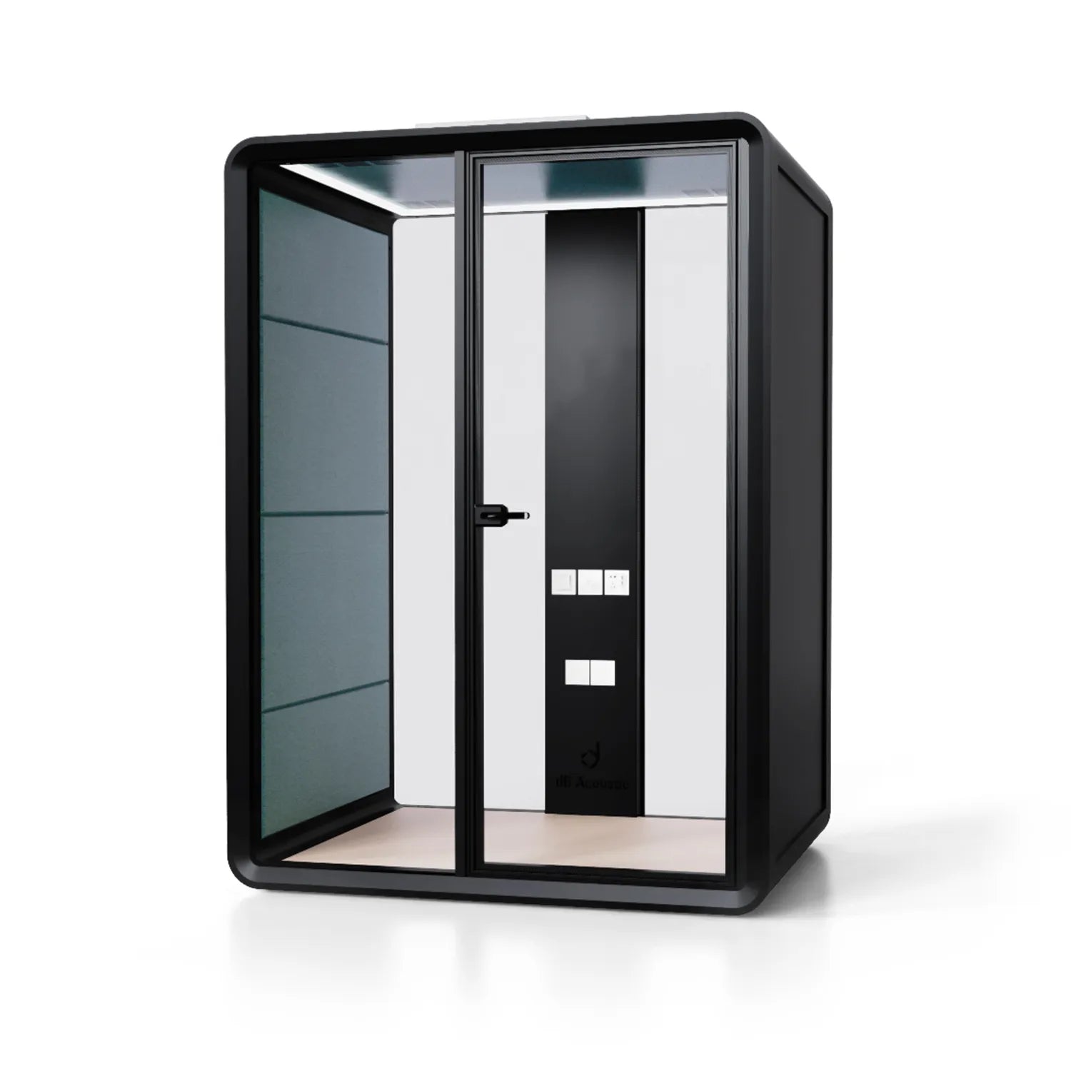 Angled view of the Flujo Sphere Work Pod showcasing seating arrangements for two, ideal for small meetings or focused work sessions.