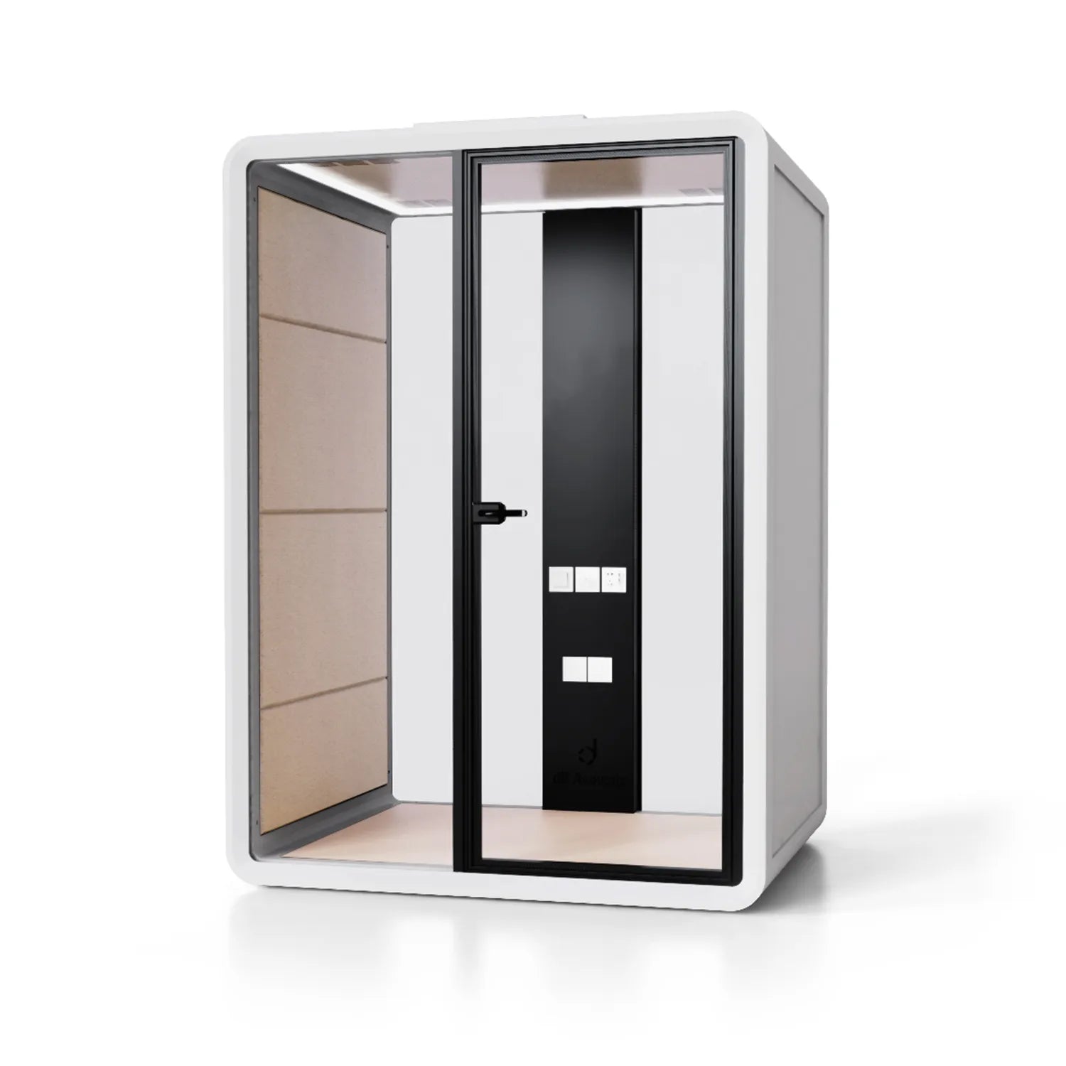 Angled view of the Flujo Sphere Work Pod showcasing seating arrangements for two, ideal for small meetings or focused work sessions.