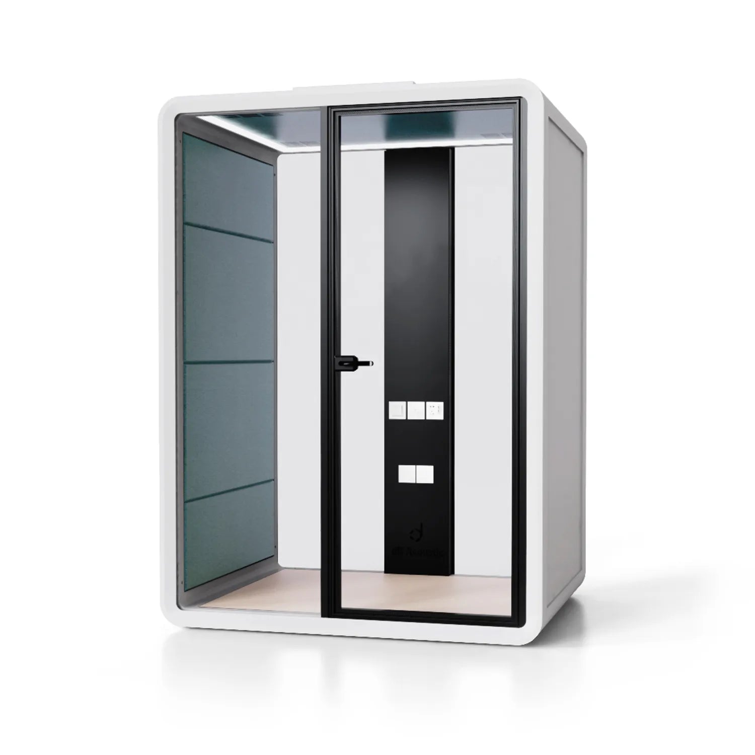 Angled view of the Flujo Sphere Work Pod showcasing seating arrangements for two, ideal for small meetings or focused work sessions.