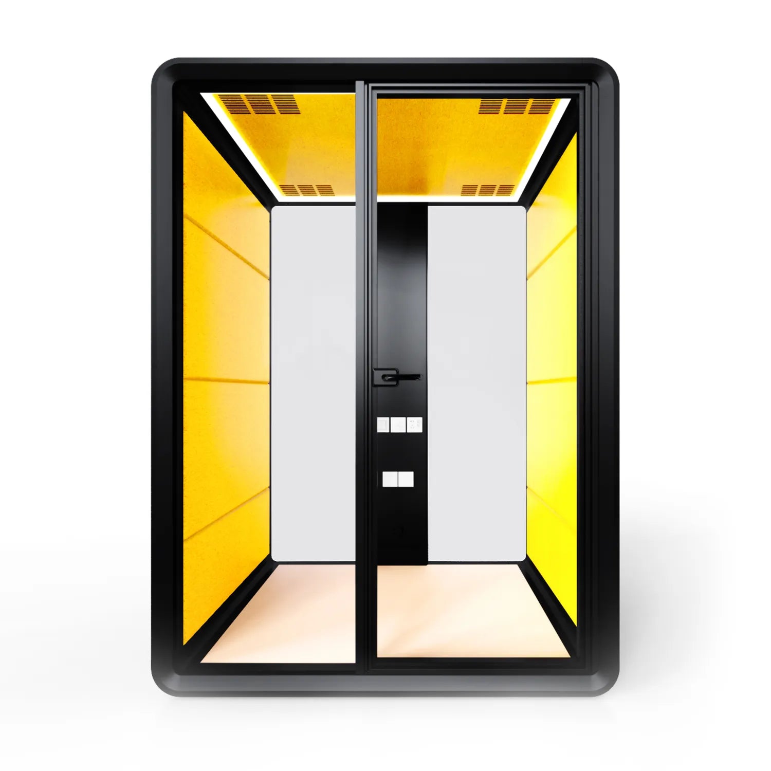 Front view of the Flujo Sphere Work Pod featuring seating for two, highlighting its spacious and comfortable interior design.