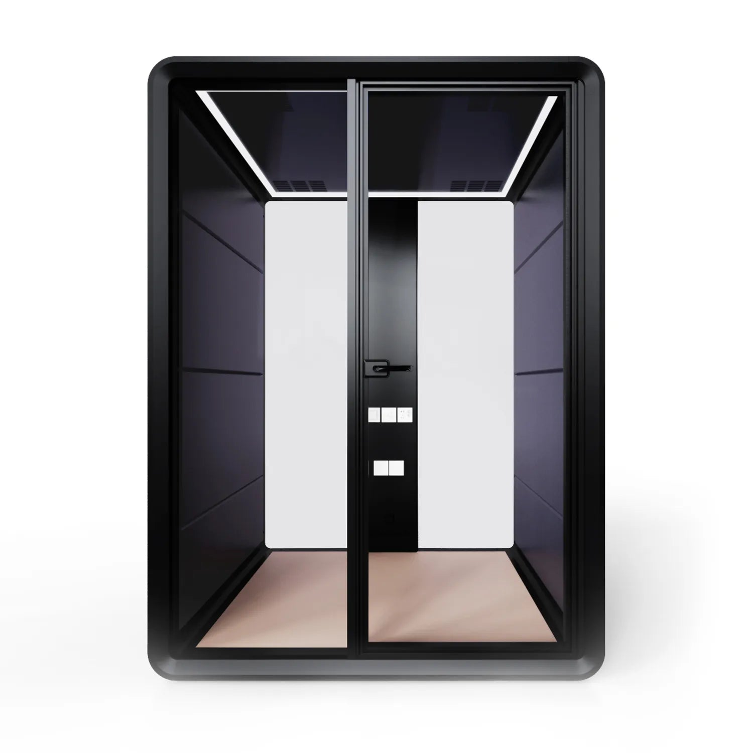 Front view of the Flujo Sphere Work Pod featuring seating for two, highlighting its spacious and comfortable interior design.