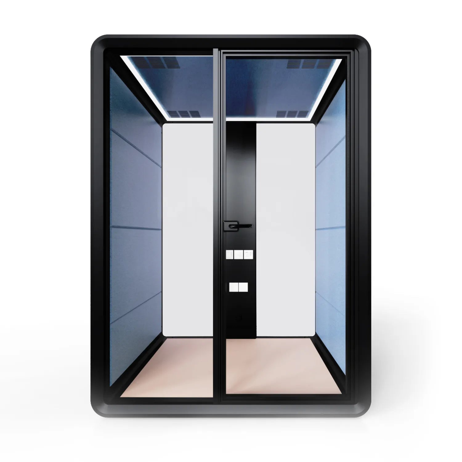 Front view of the Flujo Sphere Work Pod featuring seating for two, highlighting its spacious and comfortable interior design.