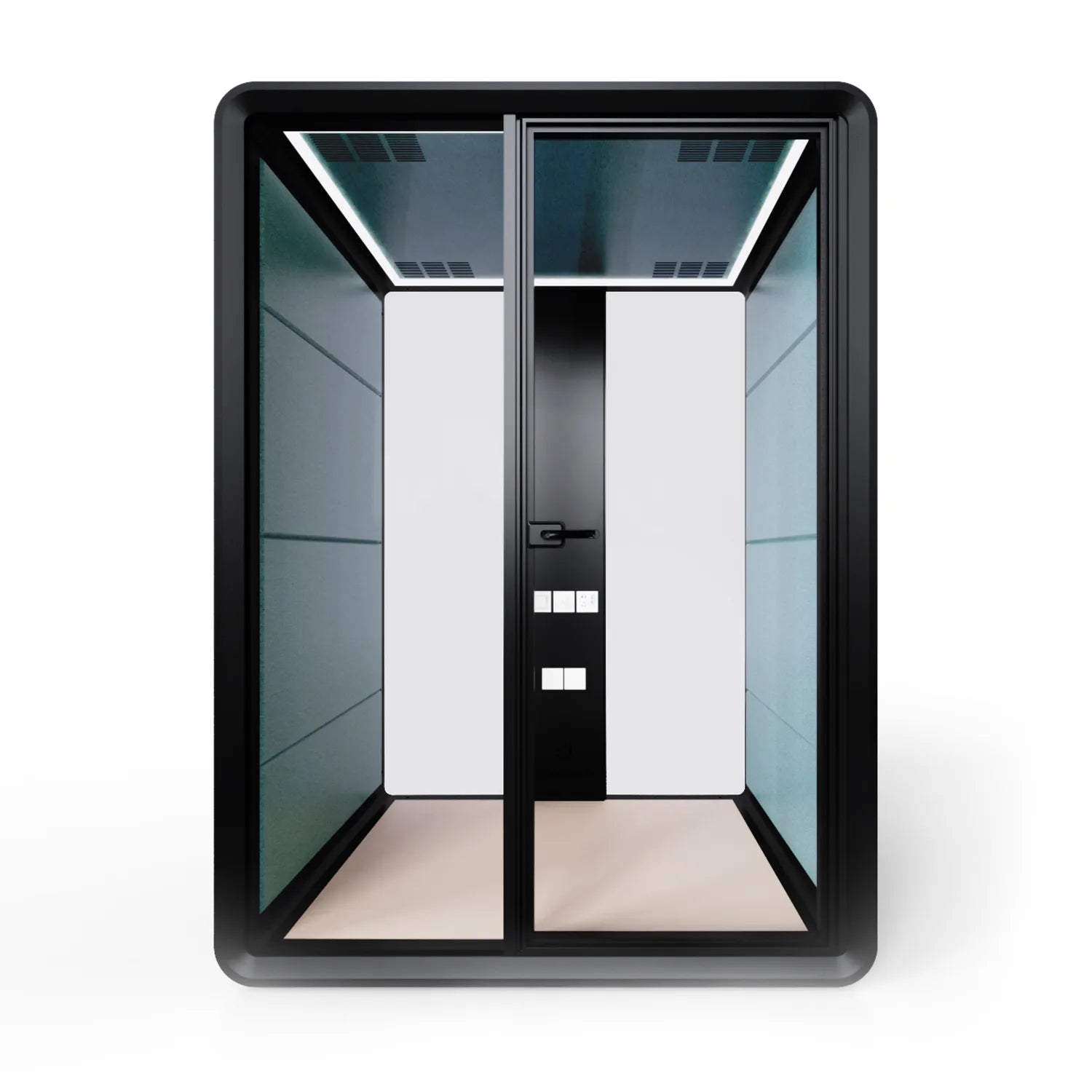 Front view of the Flujo Sphere Work Pod featuring seating for two, highlighting its spacious and comfortable interior design.