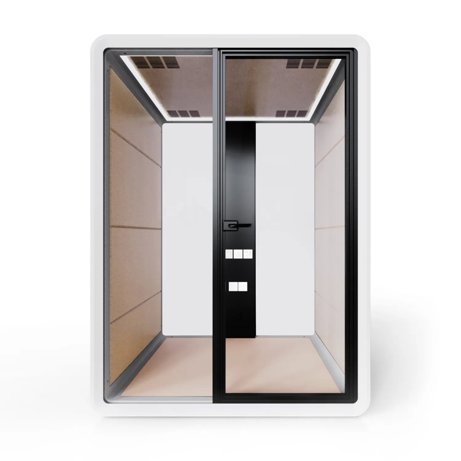 Front view of the Flujo Sphere Work Pod featuring seating for two, highlighting its spacious and comfortable interior design.