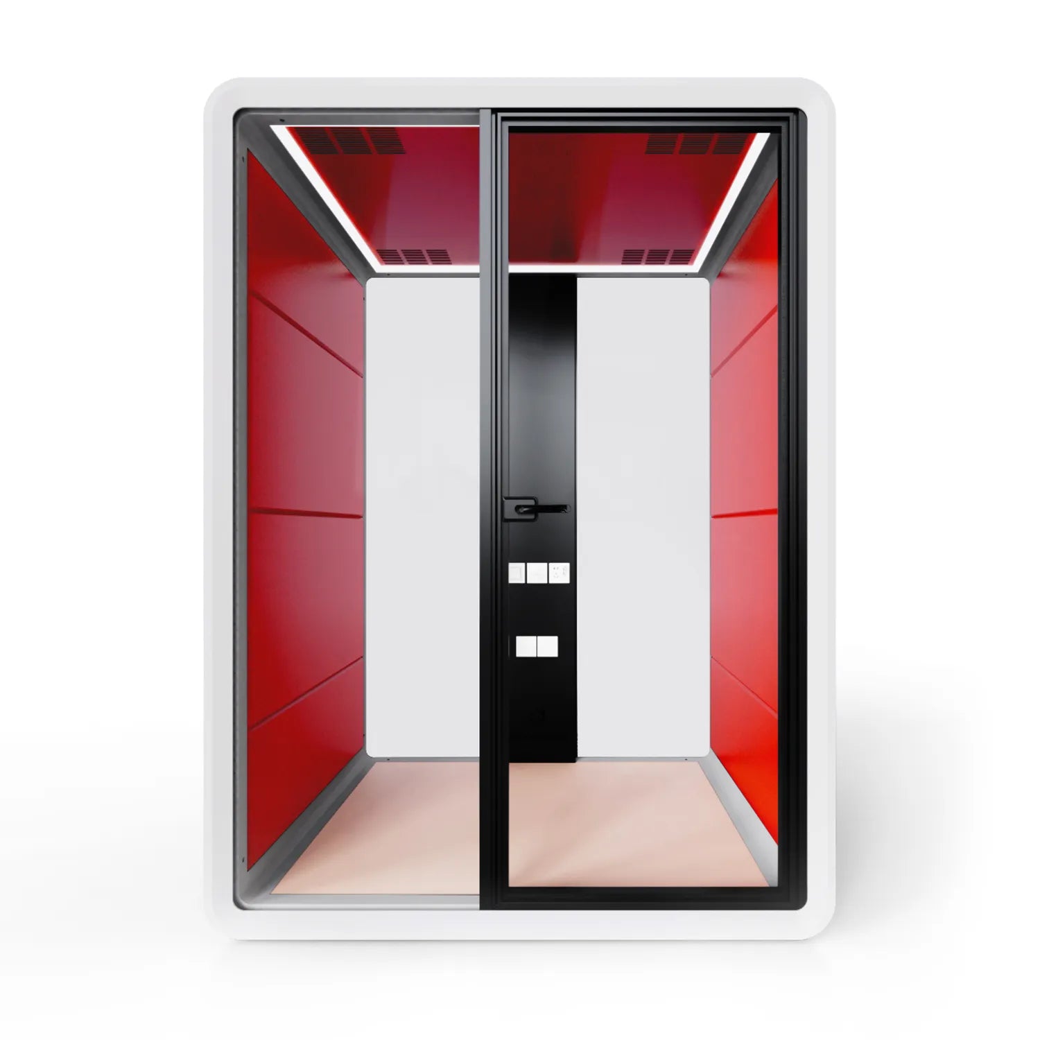 Front view of the Flujo Sphere Work Pod featuring seating for two, highlighting its spacious and comfortable interior design.