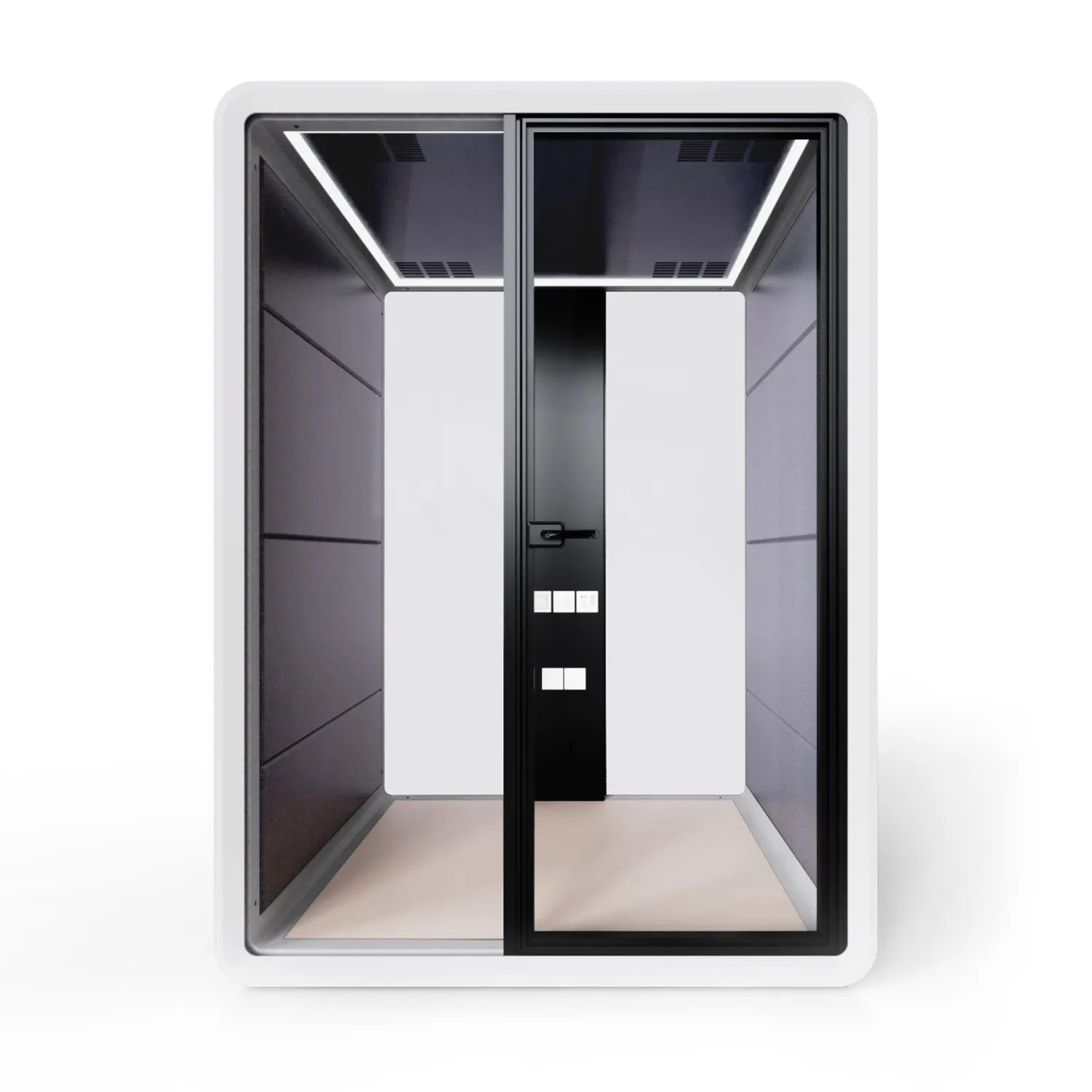 Front view of the Flujo Sphere Work Pod featuring seating for two, highlighting its spacious and comfortable interior design.