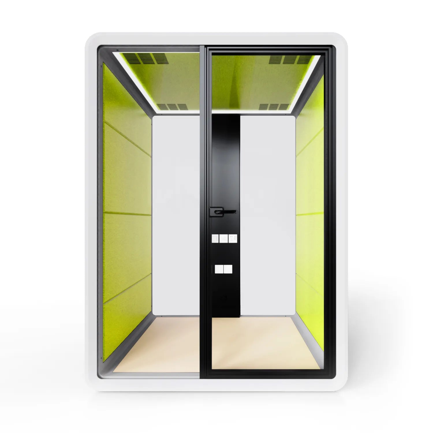 Front view of the Flujo Sphere Work Pod featuring seating for two, highlighting its spacious and comfortable interior design.