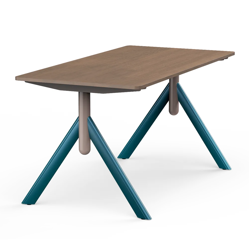 Flujo TriFlex Desk with unique angled legs and wooden top
