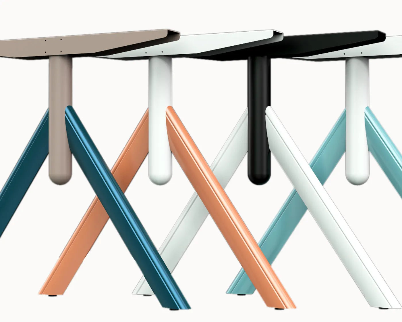 Flujo TriFlex Desk showcasing different color variations.