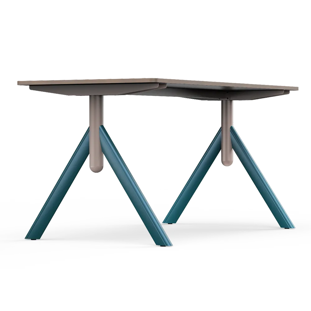 Front view of Flujo TriFlex Desk with angled blue legs