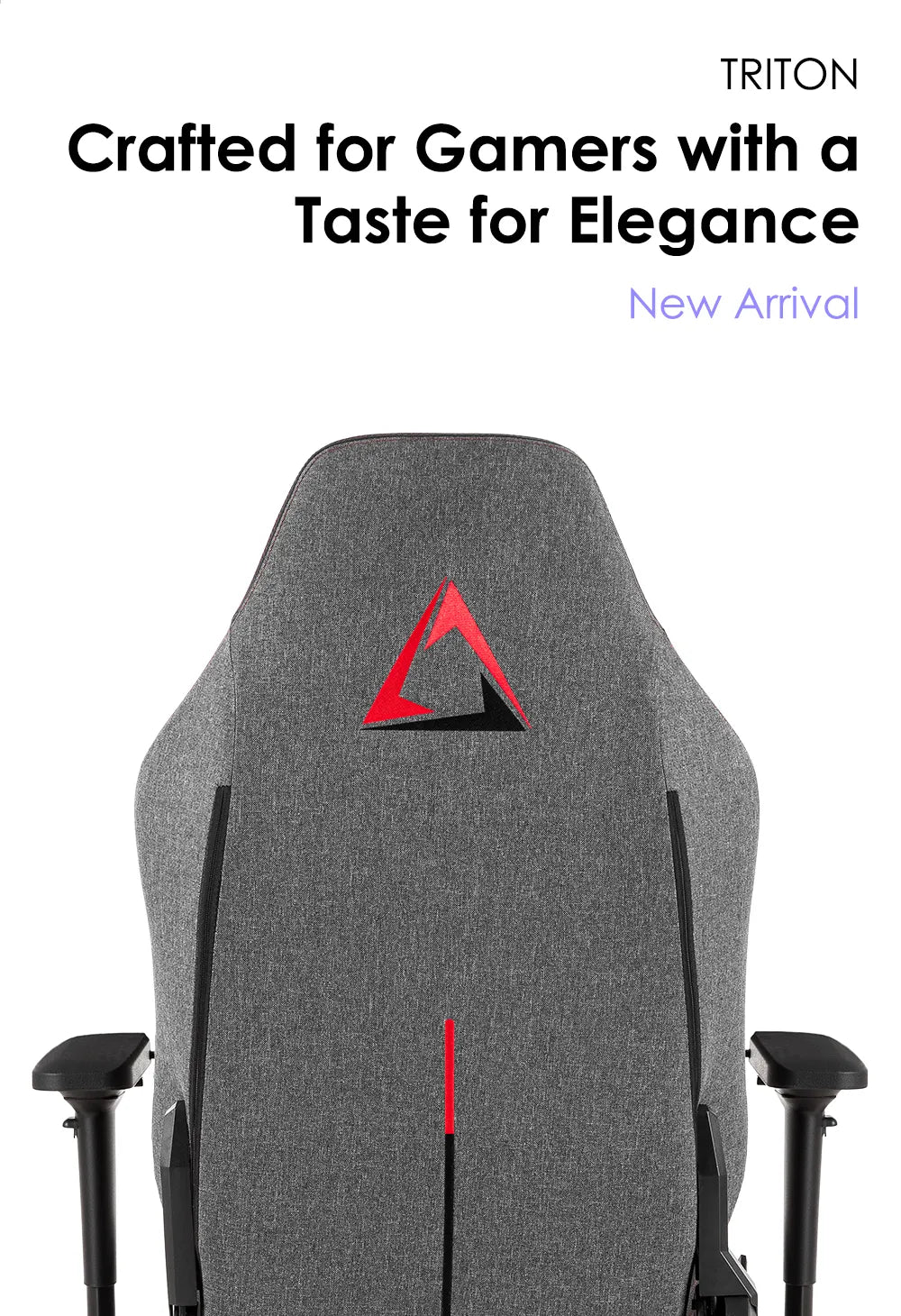 Elegant gaming chair with a minimalist grey design and a red triangle logo, marketed as 'Crafted for Gamers with a Taste for Elegance - New Arrival' by TRITON.