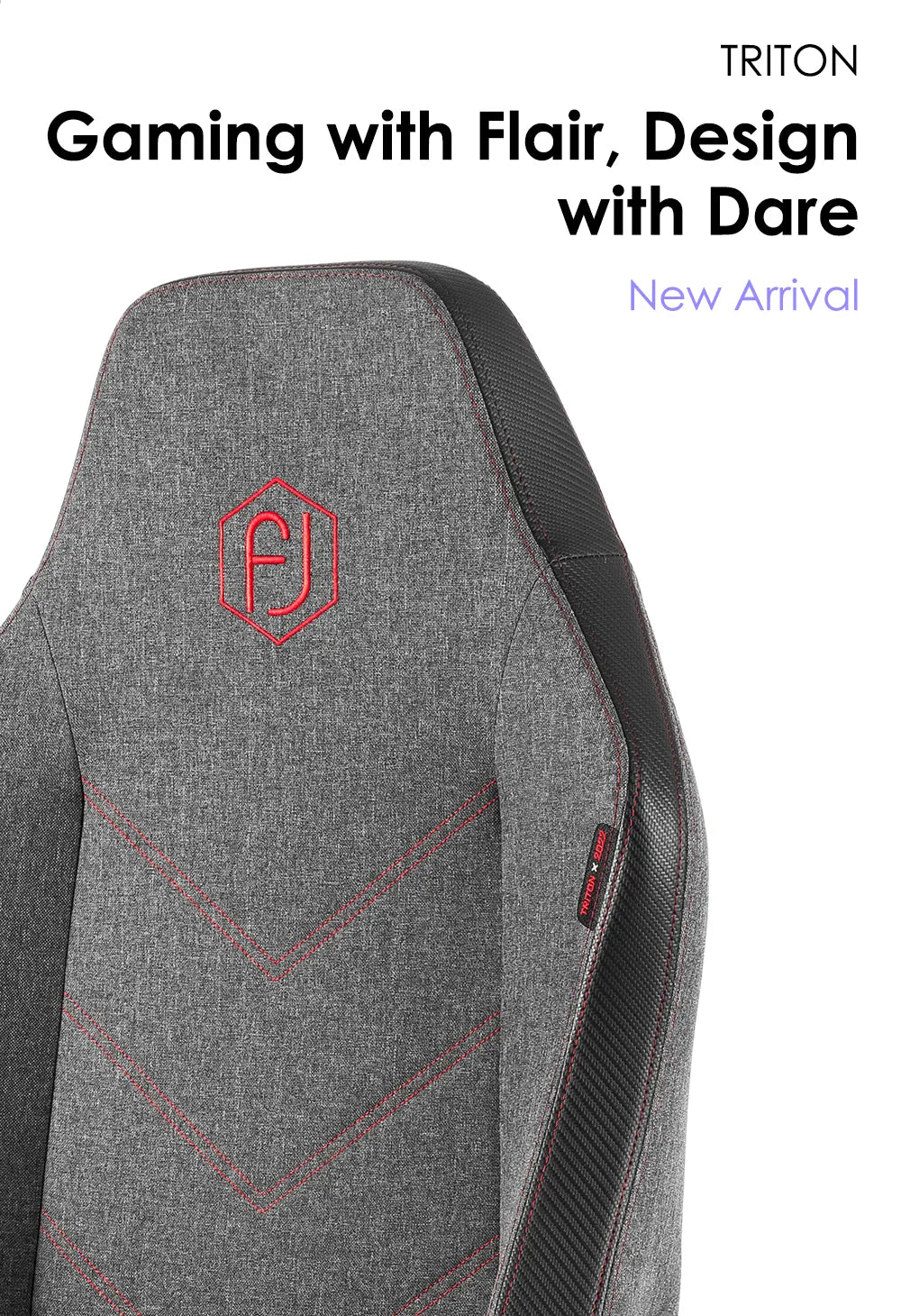 Modern grey gaming chair with embroidered logo and red stitching accents labeled as 'Gaming with Flair, Design with Dare - New Arrival' by TRITON.