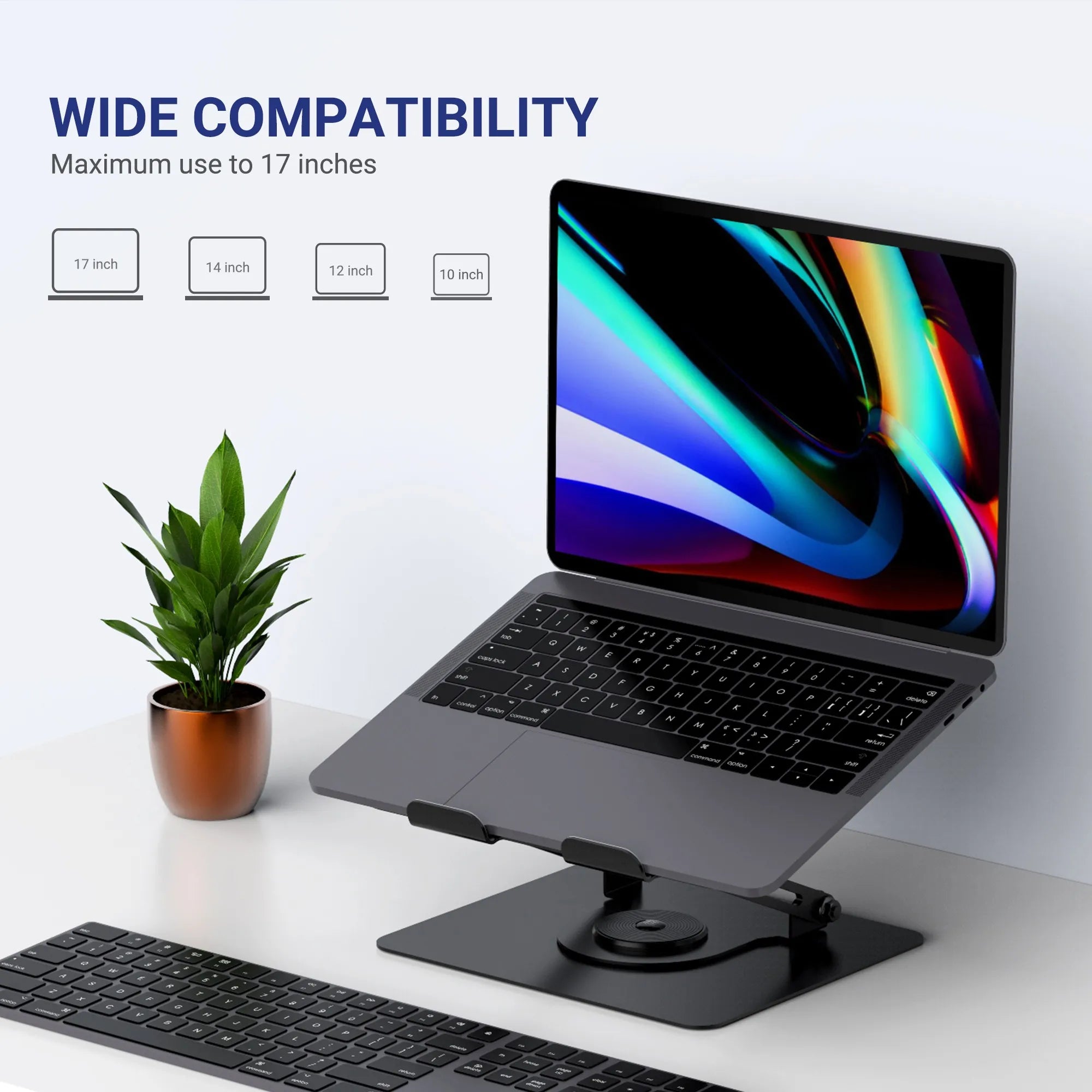 Wide compatibility laptop stand for up to 17-inch laptops, suitable for versatile desk setups in Singapore.