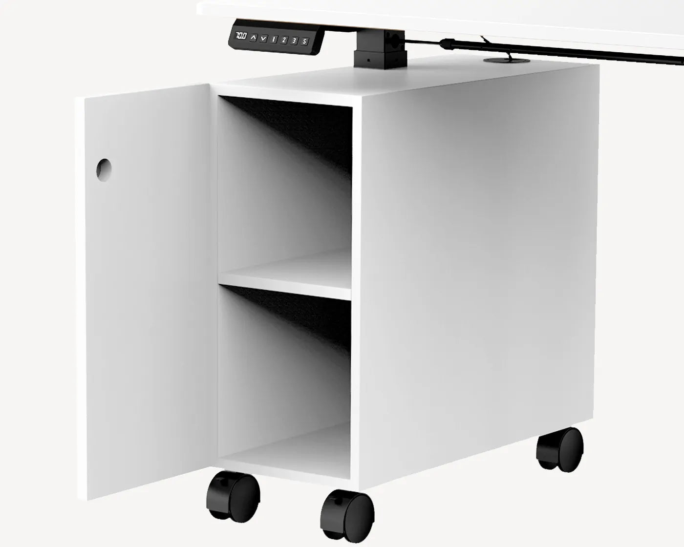 Mobile standing desk with storage pedestal and wheels for flexible workspace