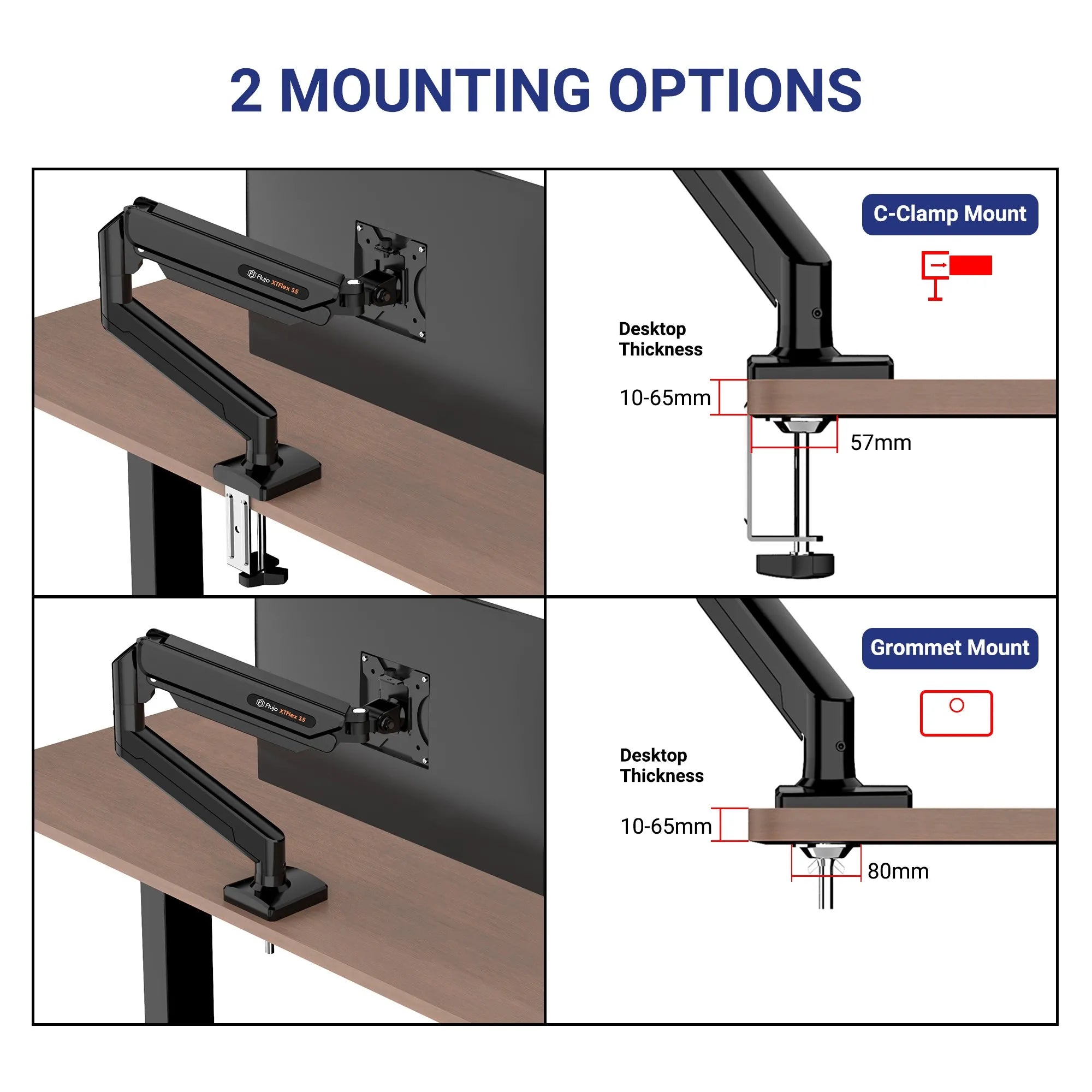 Two versatile mounting options for ergonomic monitor arms showing C-clamp and grommet mount methods in Singapore.
