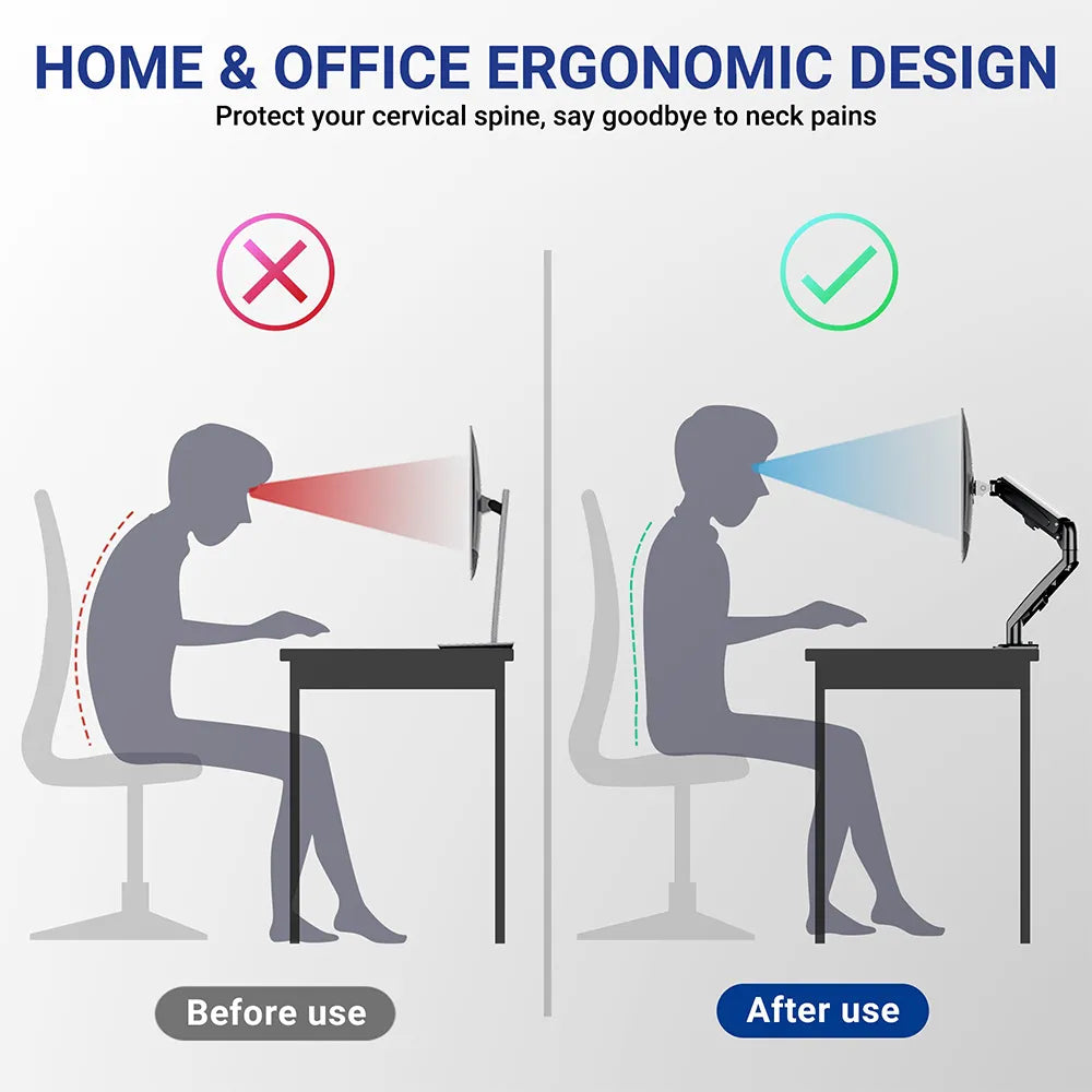 Comparison of posture before and after using an ergonomic monitor arm, highlighting spine health and neck pain reduction in Singapore.
